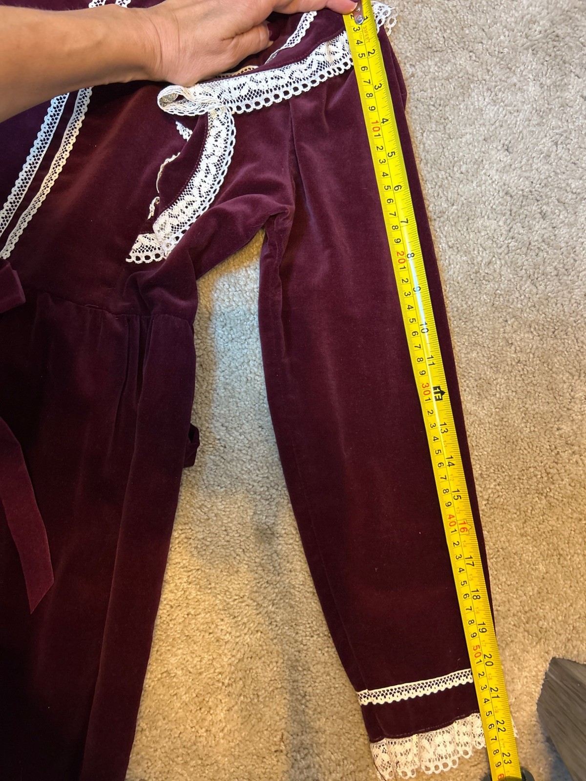 Vintage Burgundy Velvet Prairie Dress Lace Trim & Bow Detail Long Sleeve Ruffle