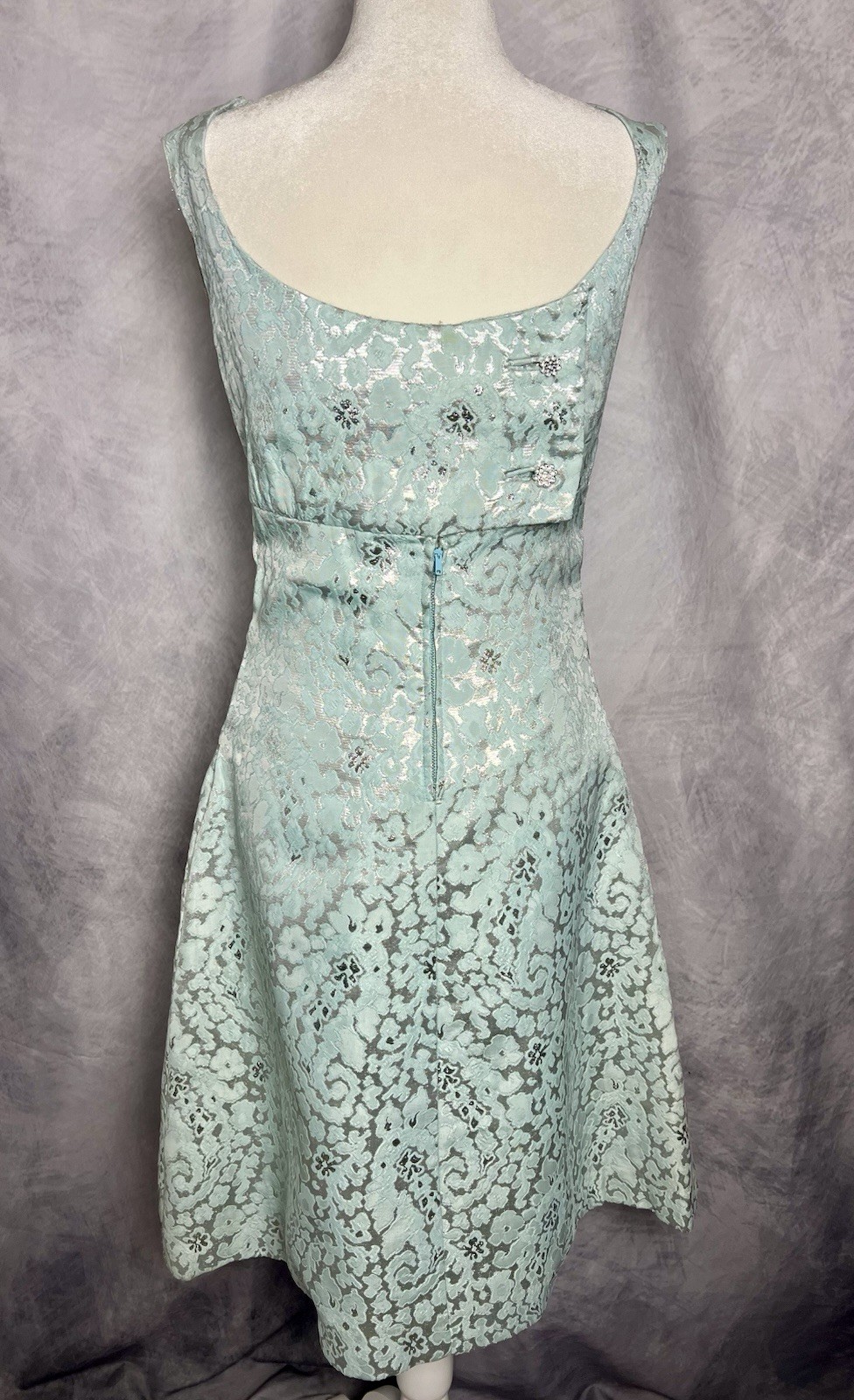 Vintage 1960s Malcolm Starr Cocktail Shift Dress Aqua Silver Floral Metallic S