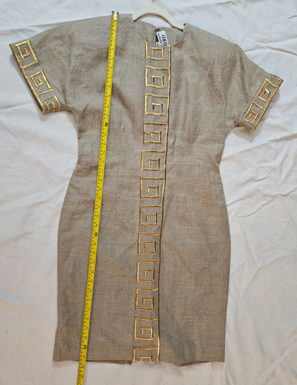 Vintage 80’s Chetta B Neutral Linen Dress w/Gold Metallic Embroidery, Sz.8, USA