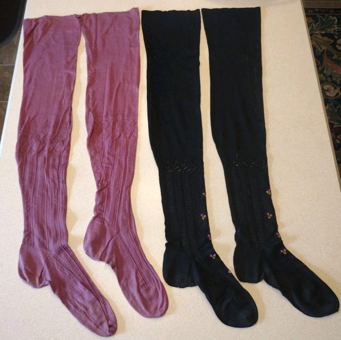 Antique c.1918 Women’s Knit Stockings 2 Pairs w/ Dated Letter – Lace Panel…