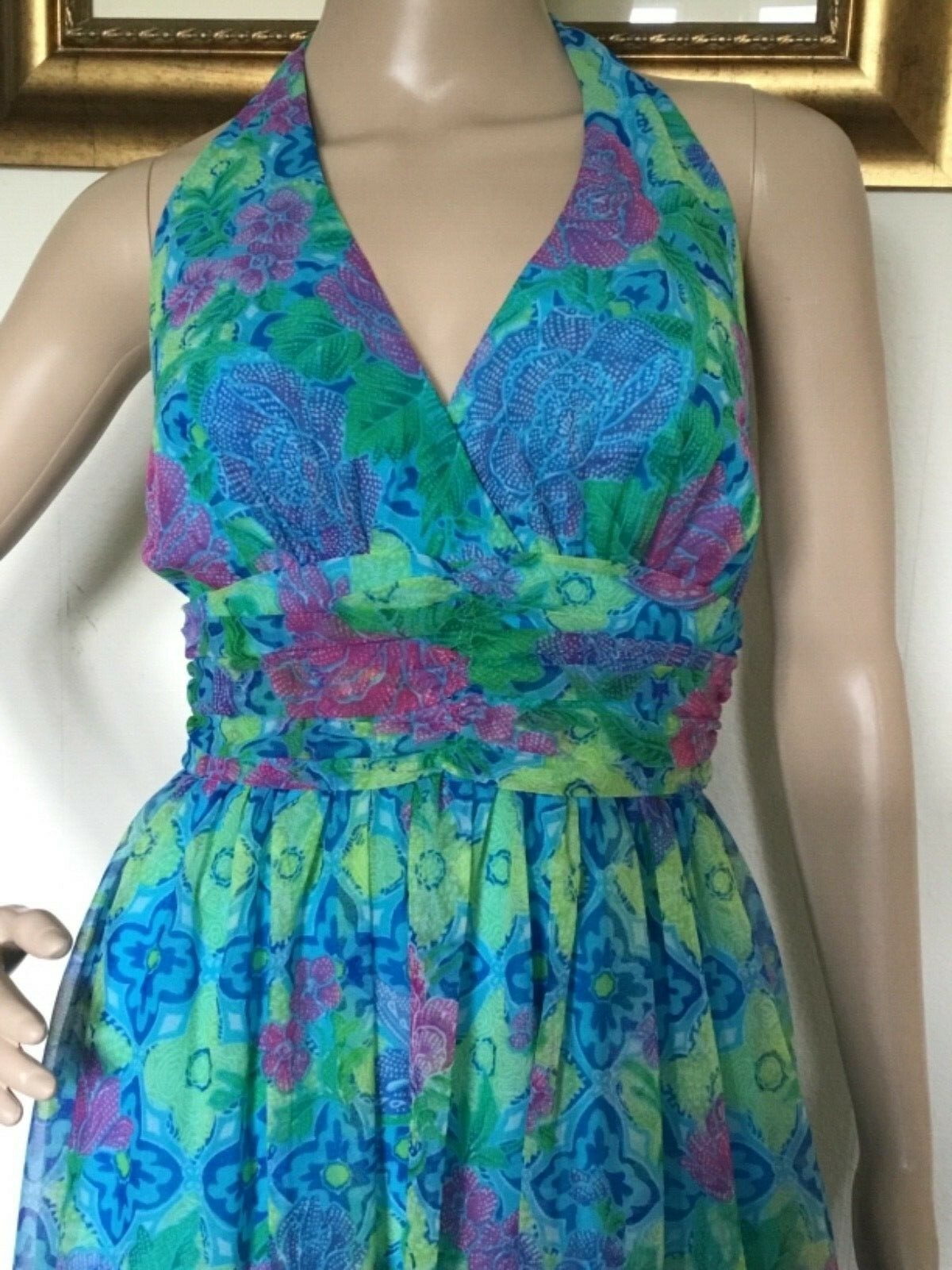 70’s Vintage Blue Neon Yellow/Pink Floral Sexy Halter Top Maxi Dress