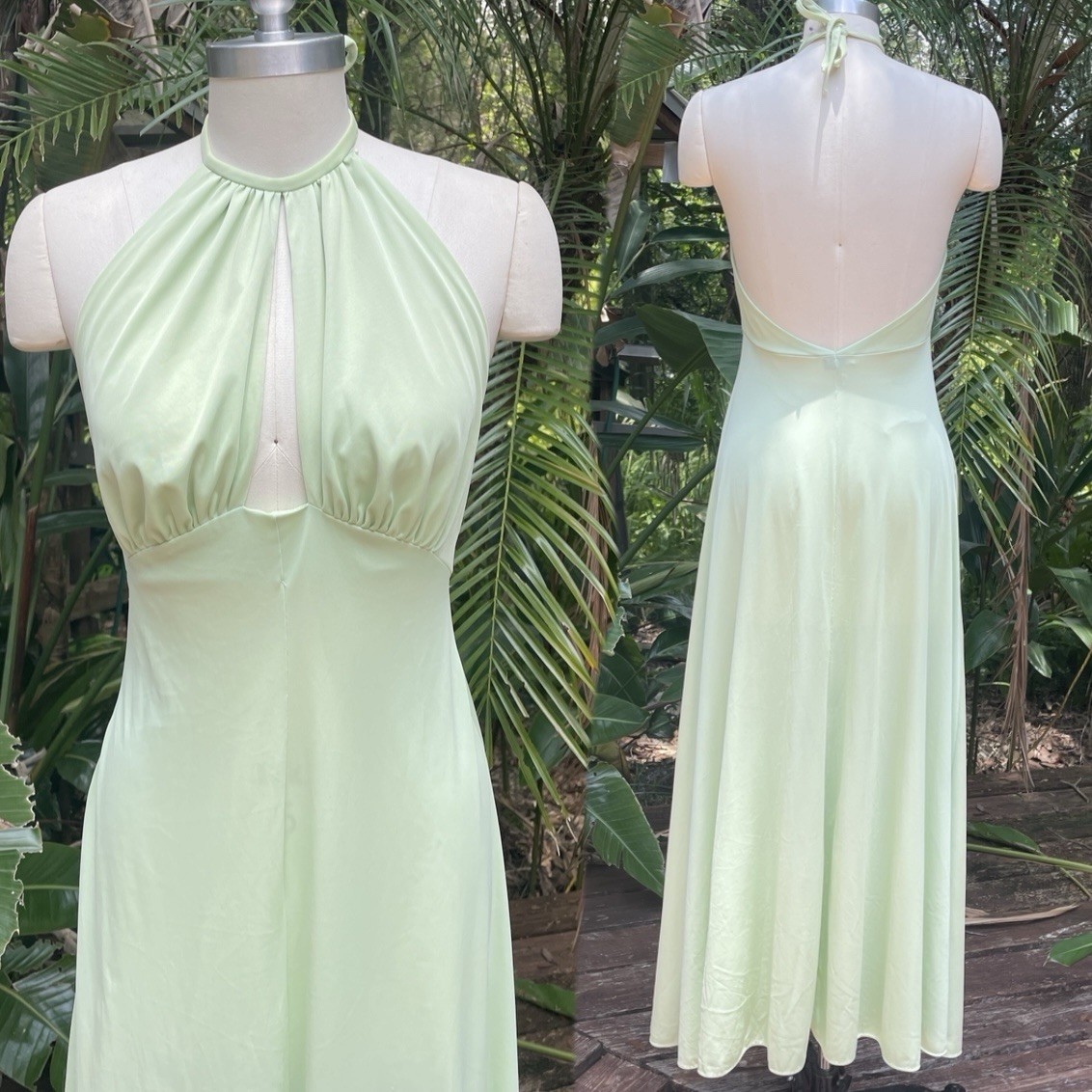 VTG 1970s Hollywood Glam Mint Green Halter Neck Keyhole Maxi Dress Plunge Back