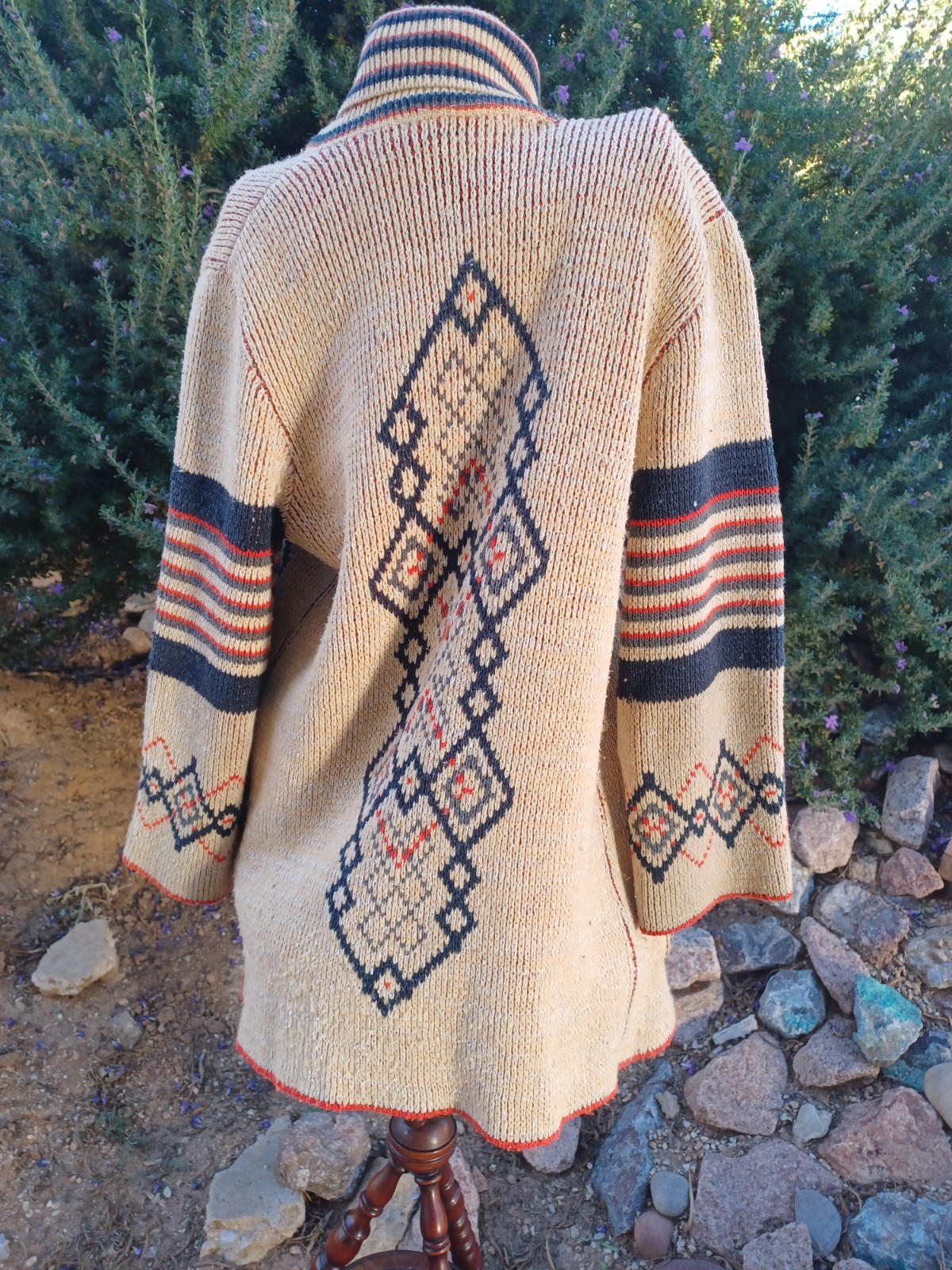 Vintage 70s Boho Geometric Pattern Shawl Collar Cardigan, Wintuck by Sabra