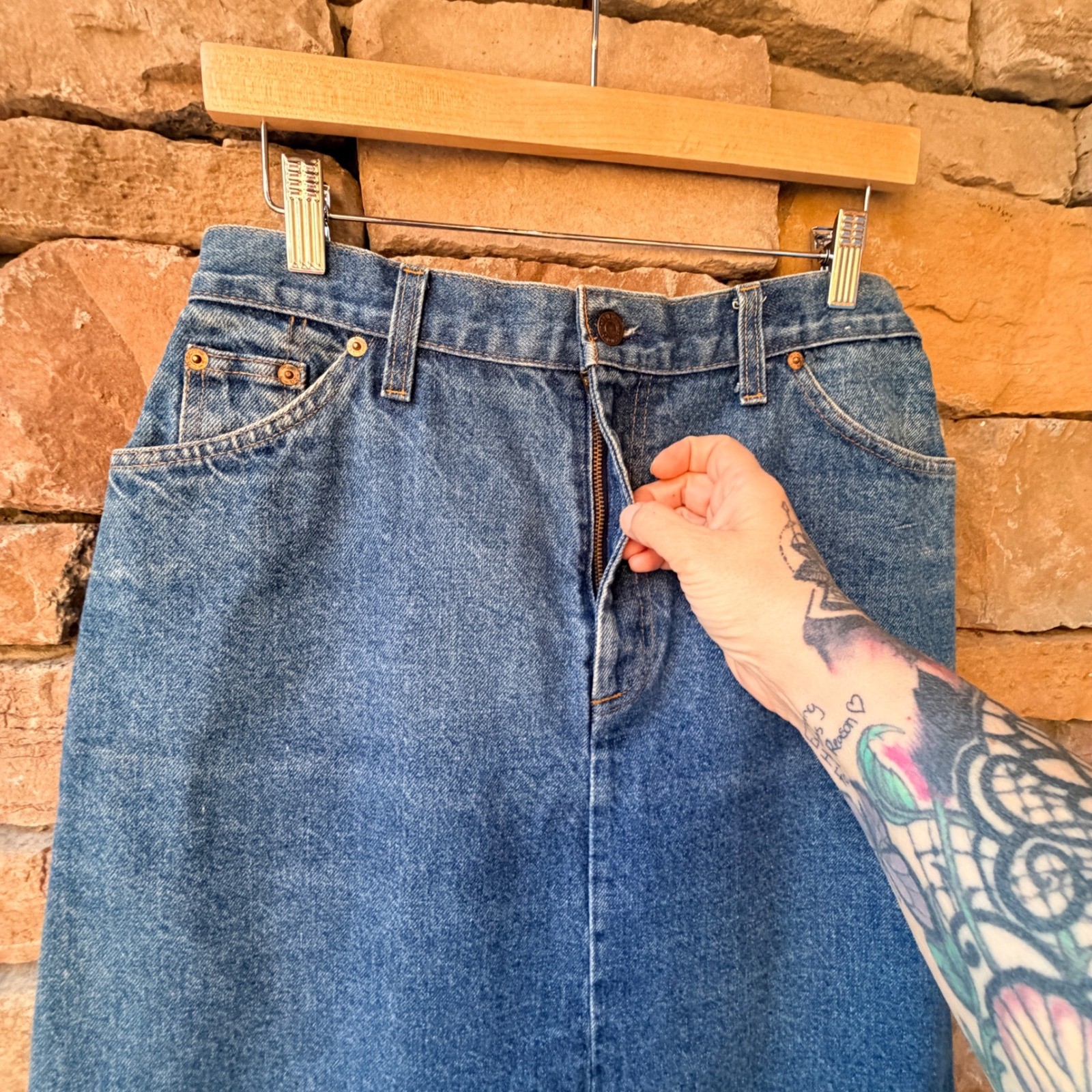 VTG Orange Tab USA Levi Strauss 15 Women’s Denim A-Line Midi Skirt Button Fly