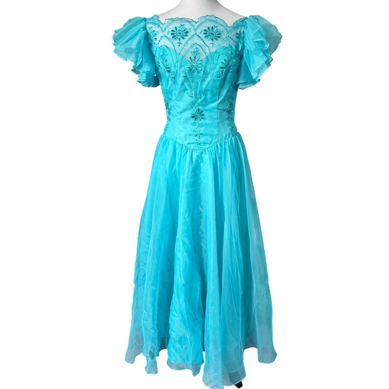 VTG Eve of Milady Formal Gown Bridesmaid Turquoise Embroidered Chiffon ILGWU 10