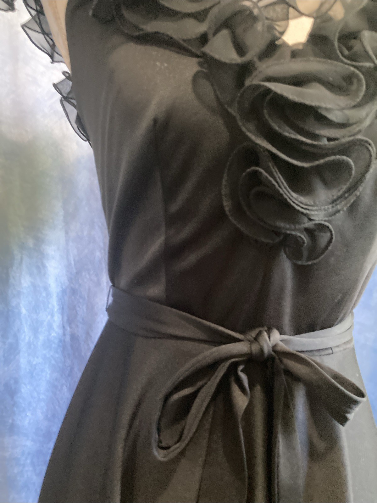 Vtg 70s Black Sheer Ruffled Party Dress XS Lightweight Polyester ILGWU Union Tag
