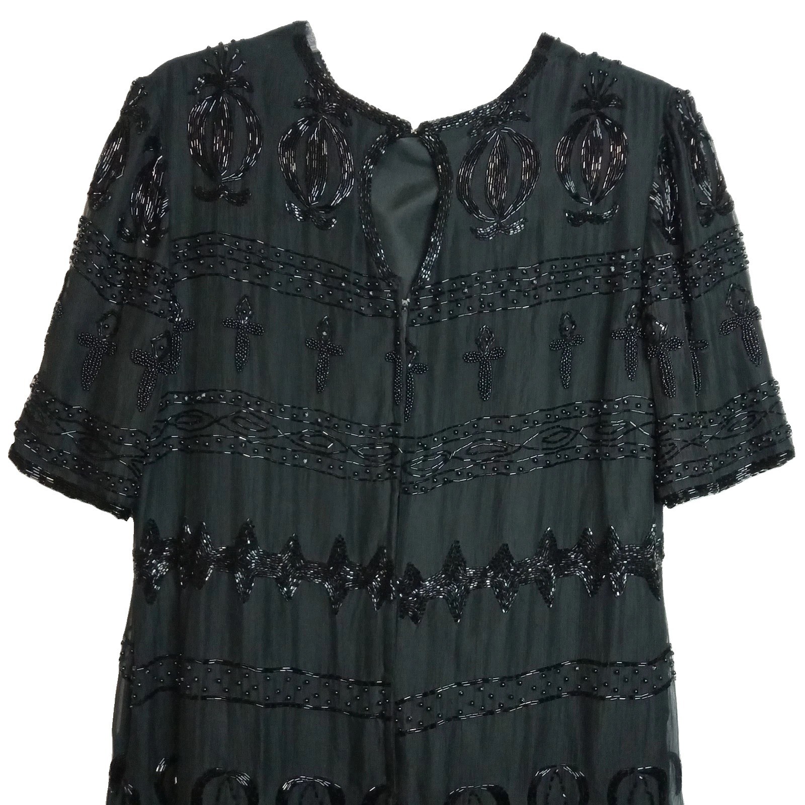 VTG Nite Waves Black Beaded Silk Dress Womens Sz M/L Cocktail Flapper Gatsby 80s