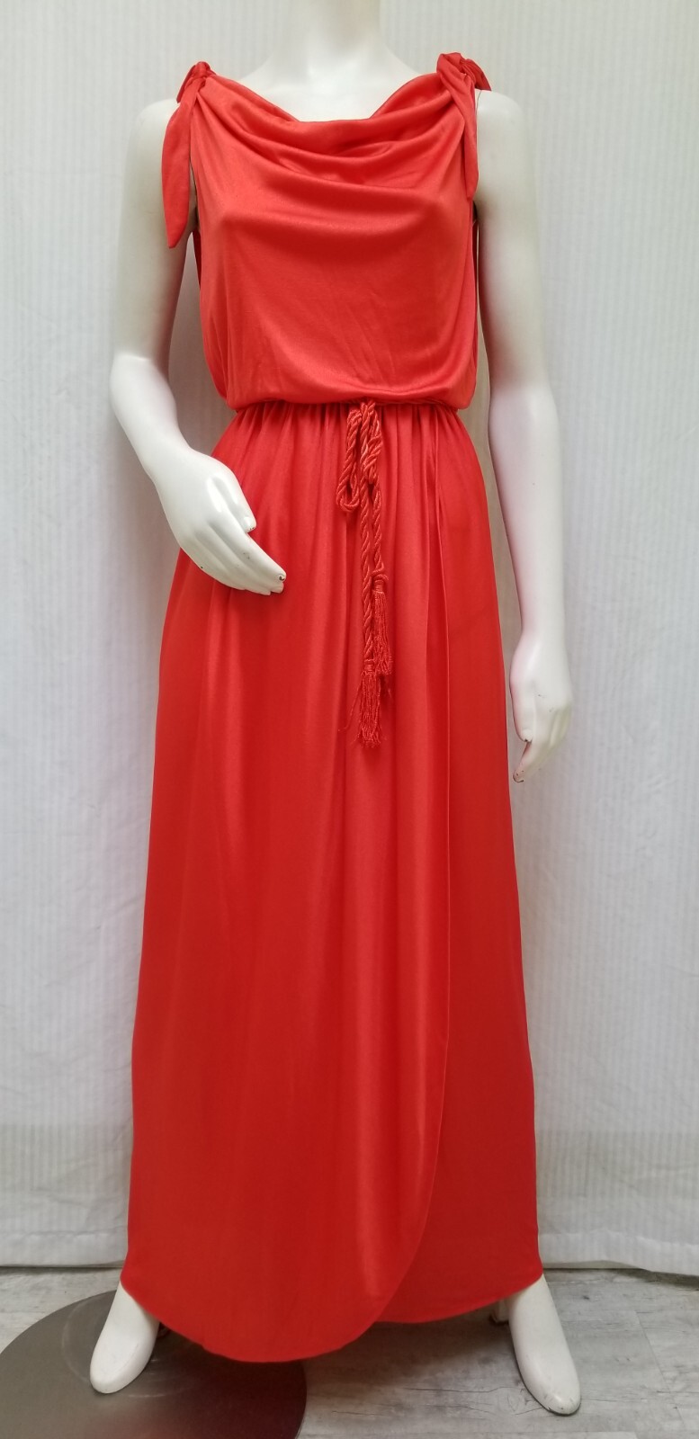 Vintage 1970s Shiny Red Jersey Knit Disco Draped Dress w/ Tassel Belt – Size S