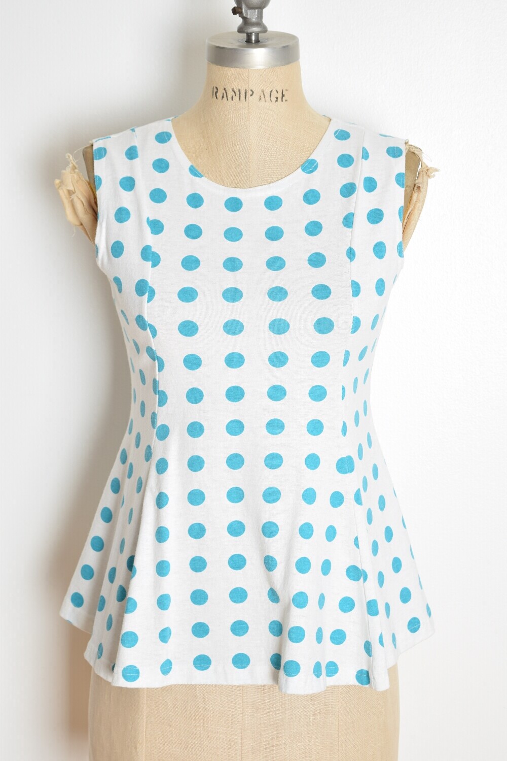 vintage 80s top white teal polka dot print tank top shirt blouse XS S clothing