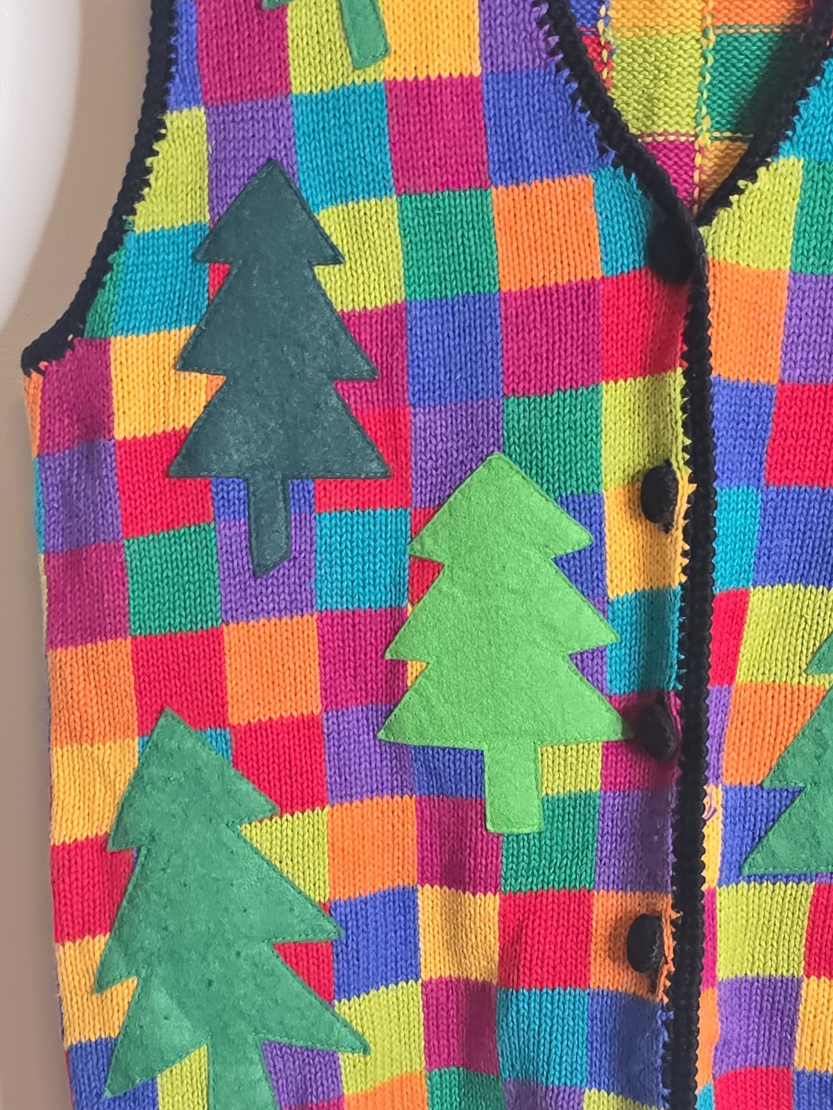 VTG Belle Pointe Trees Colorful Sweater Vest Sz S Hand Sewn Checkered Trim