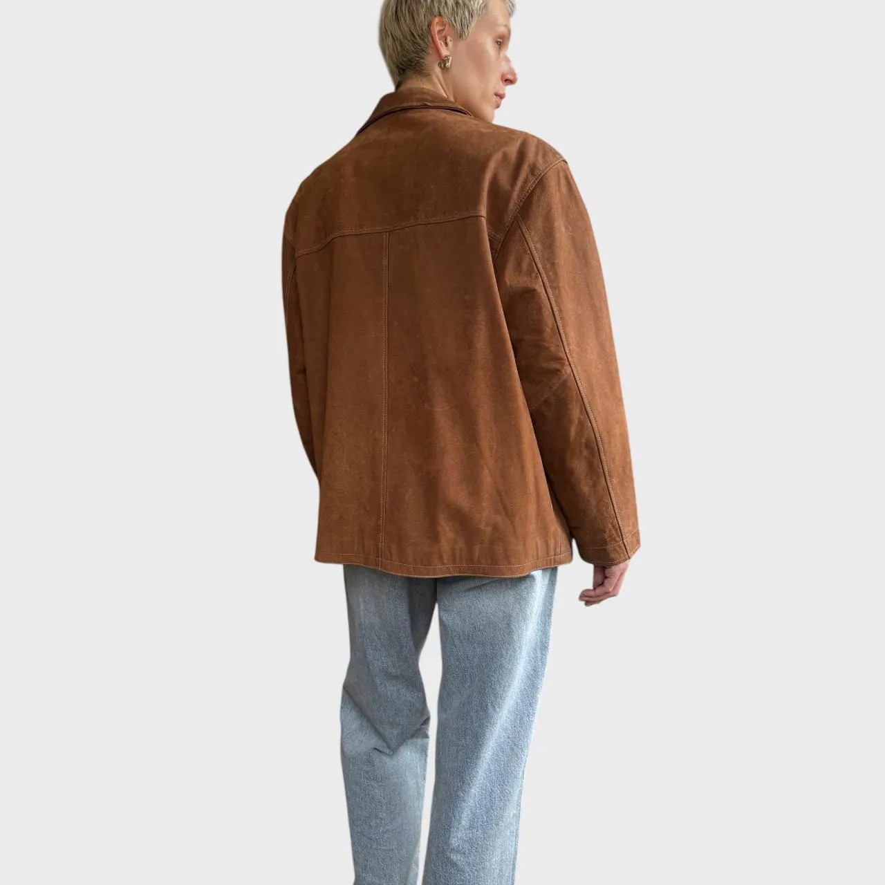 Vintage Brown Leather Jacket Oversized Unisex Button Up size US L/XL