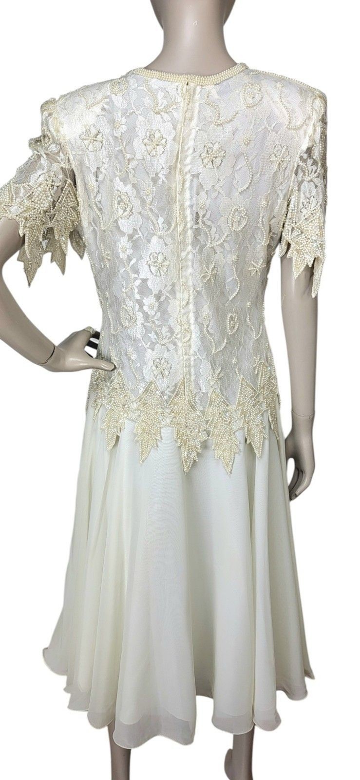 Vintage Laurance Kazar Creme Pearl Beaded Sequined Tiered Chiffon Formal Dress
