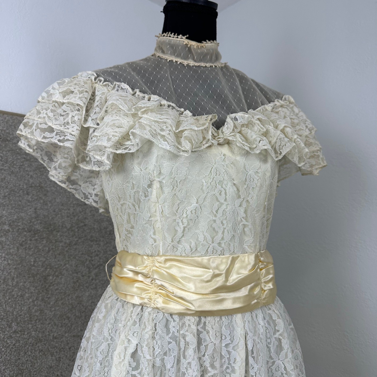 Vintage Candi Jones California Lace Maxi Dress Yellow Sash Victorian Prairie 9