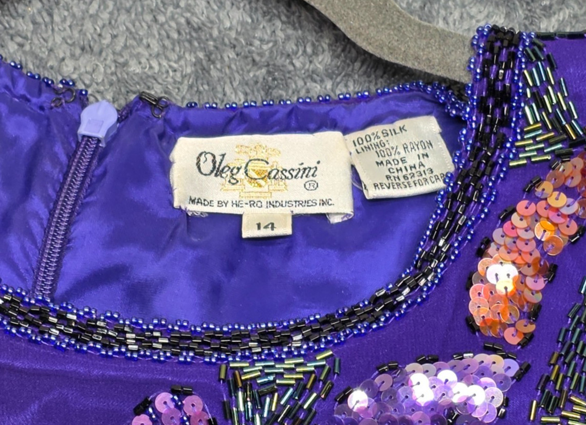 Vintage Oleg Cassini Silk Beaded Sequin Floral Evening Dress Purple Sz 14
