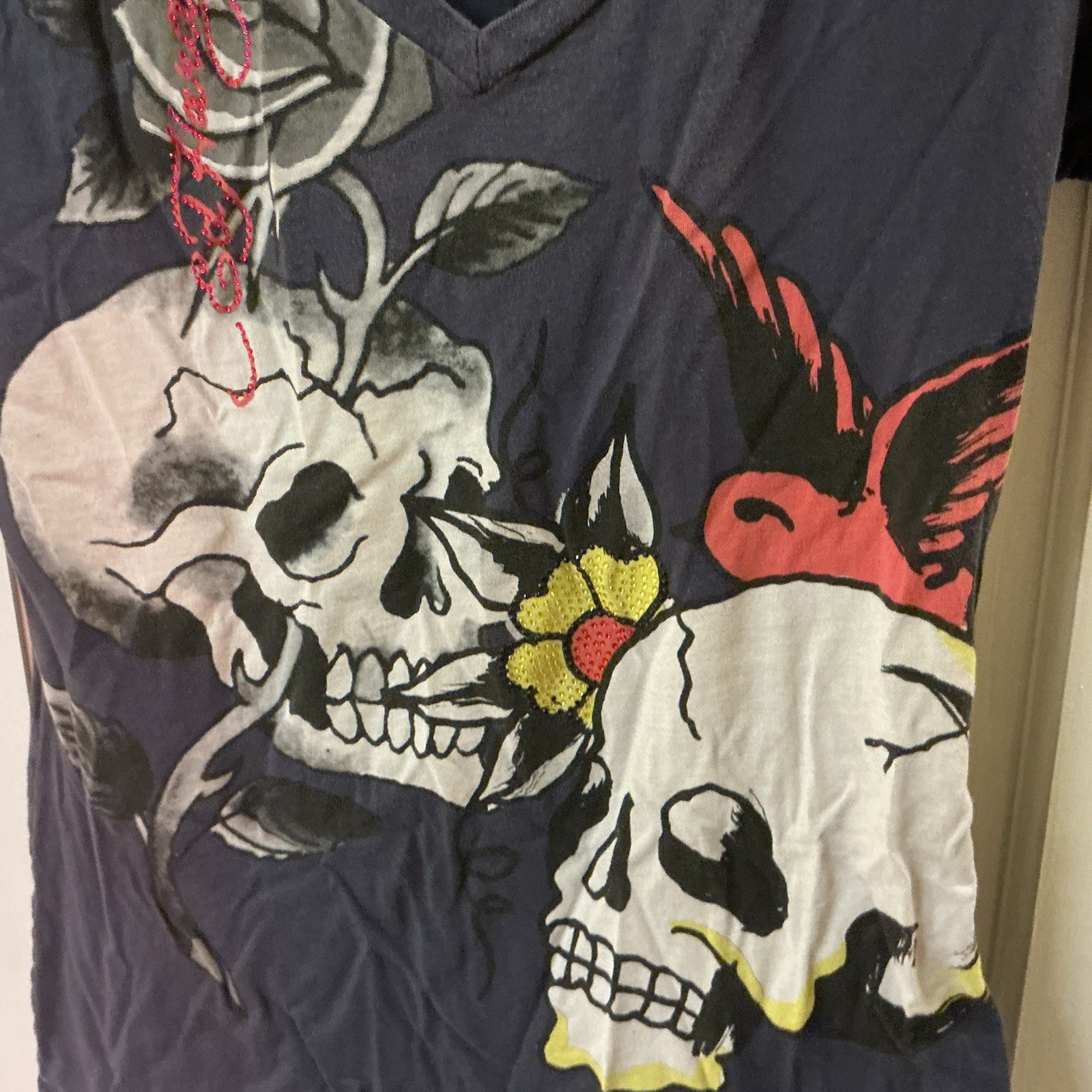 Woman’s Mid 2000’s Archival Y2K Don Ed Hardy Designs Skulls Rhinestone Shirt