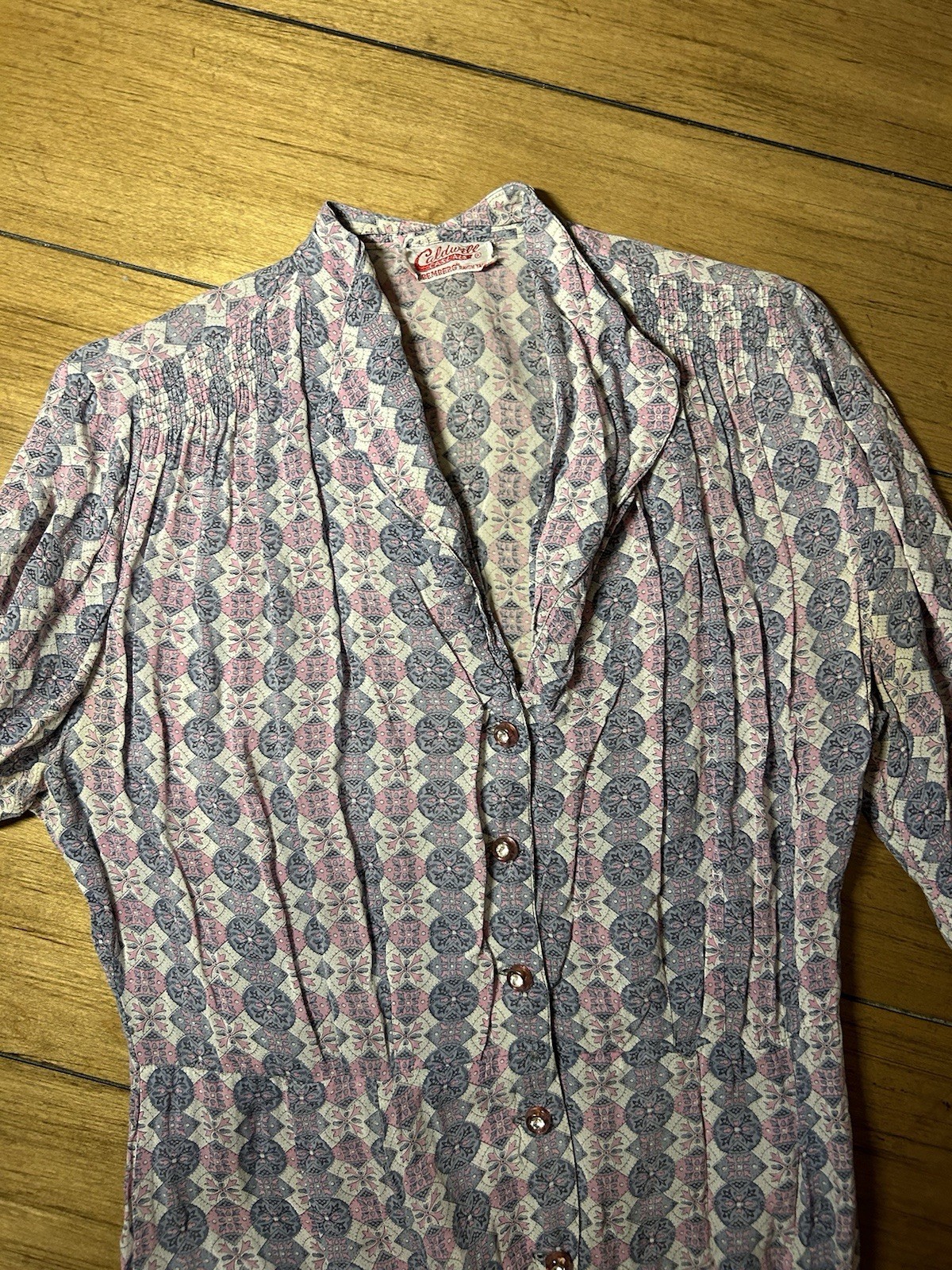 Vintage Rayon Pink Dress With Jeweled Buttons, 27 Inch Waist, Sheer