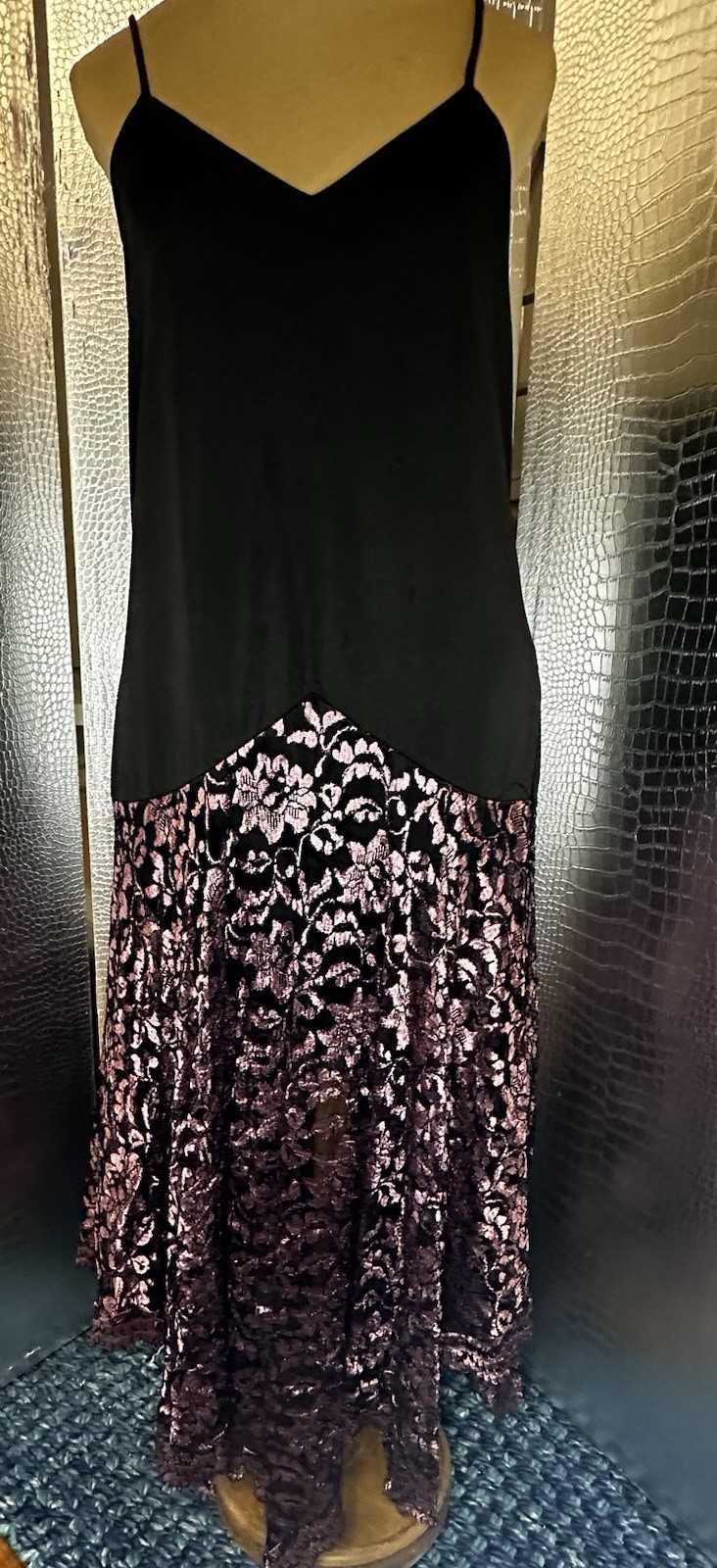 Vintage 80s Party Prom Dress Black Spaghetti Strap Pink Silver Lace Pattern