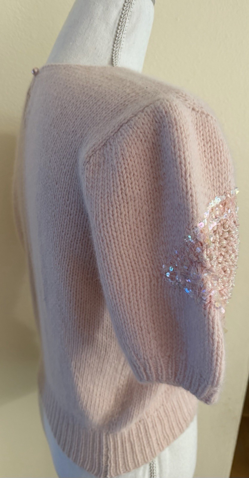 Vintage Ann Katrine S Pink Sequined Short Sleeve Sweater Lambswool, Angora, Wool