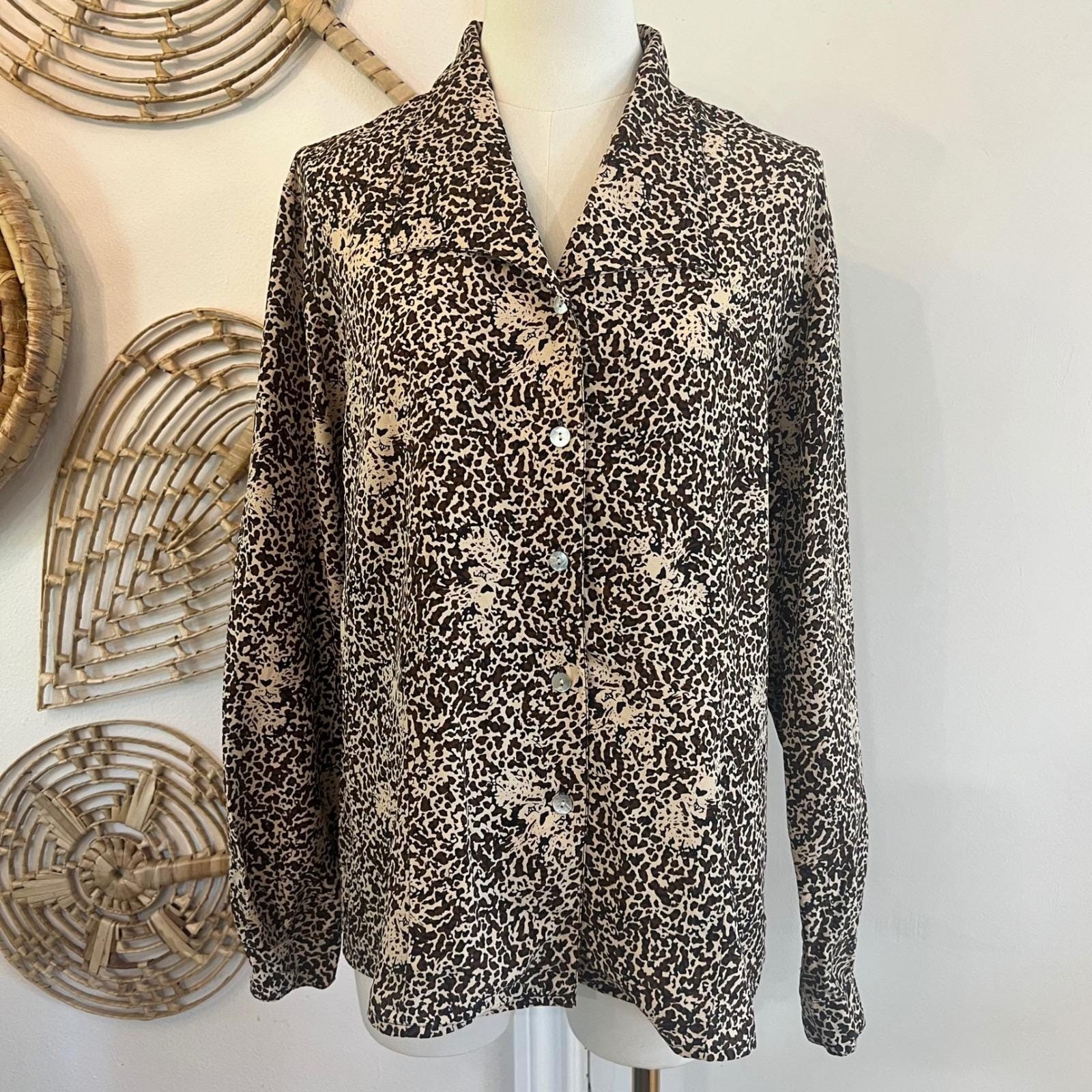 Vintage Silkland Brown Silk Leopard Print Button Up Blouse Large