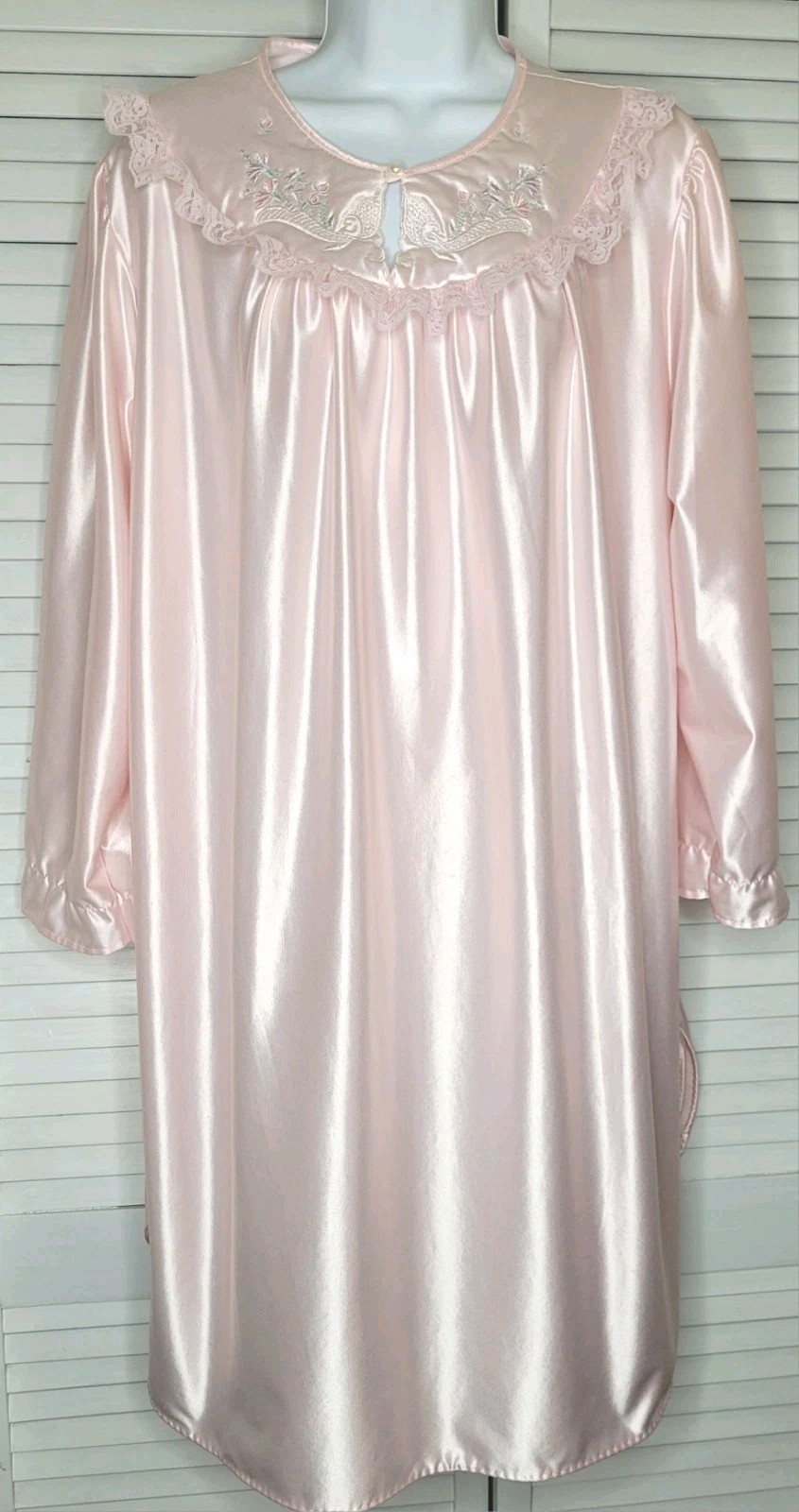 Vtg Stardust USA Pink Satin Brushed Lining Ruffled Lace LS Nightgown LG ●READ