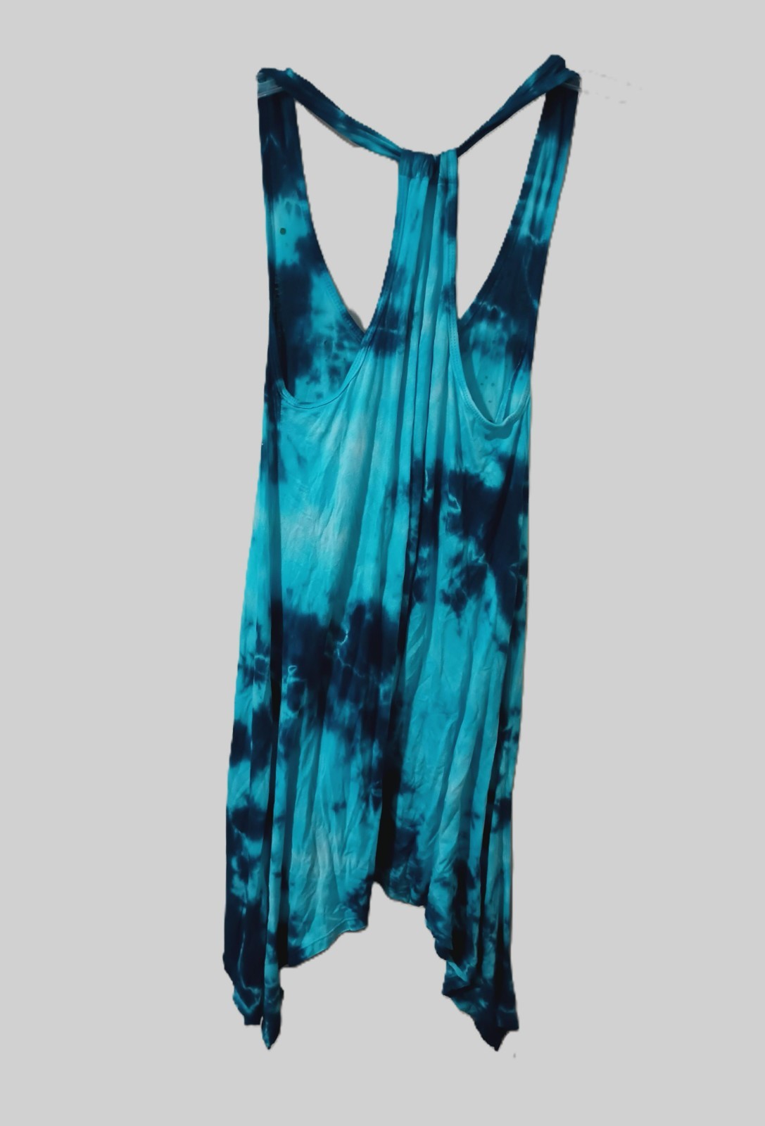 Vtg Y2K Teal Tie Dye Asymmetric Racerback Tunic Top swim coverup summer S