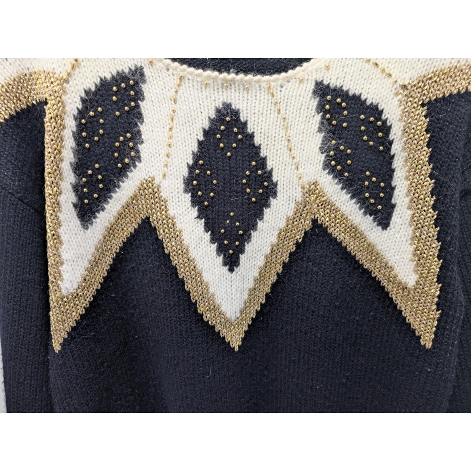Vintage Dana Scott Womens L Sweater Black & Cream Gold Beads Party Holiday