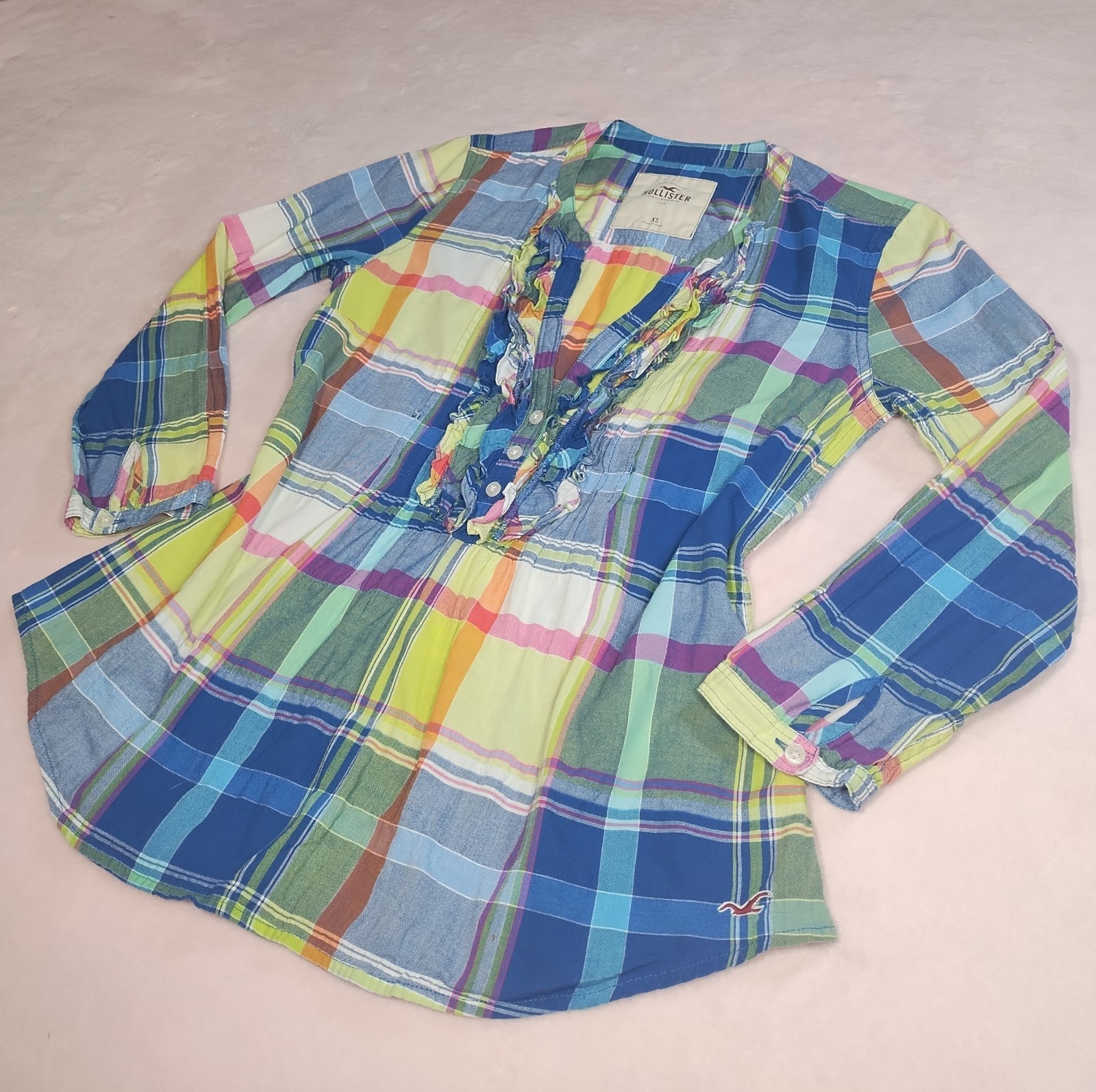 vintage y2k hollister rainbow plaid ruffle blouse jrs sz xs preppy mallcore