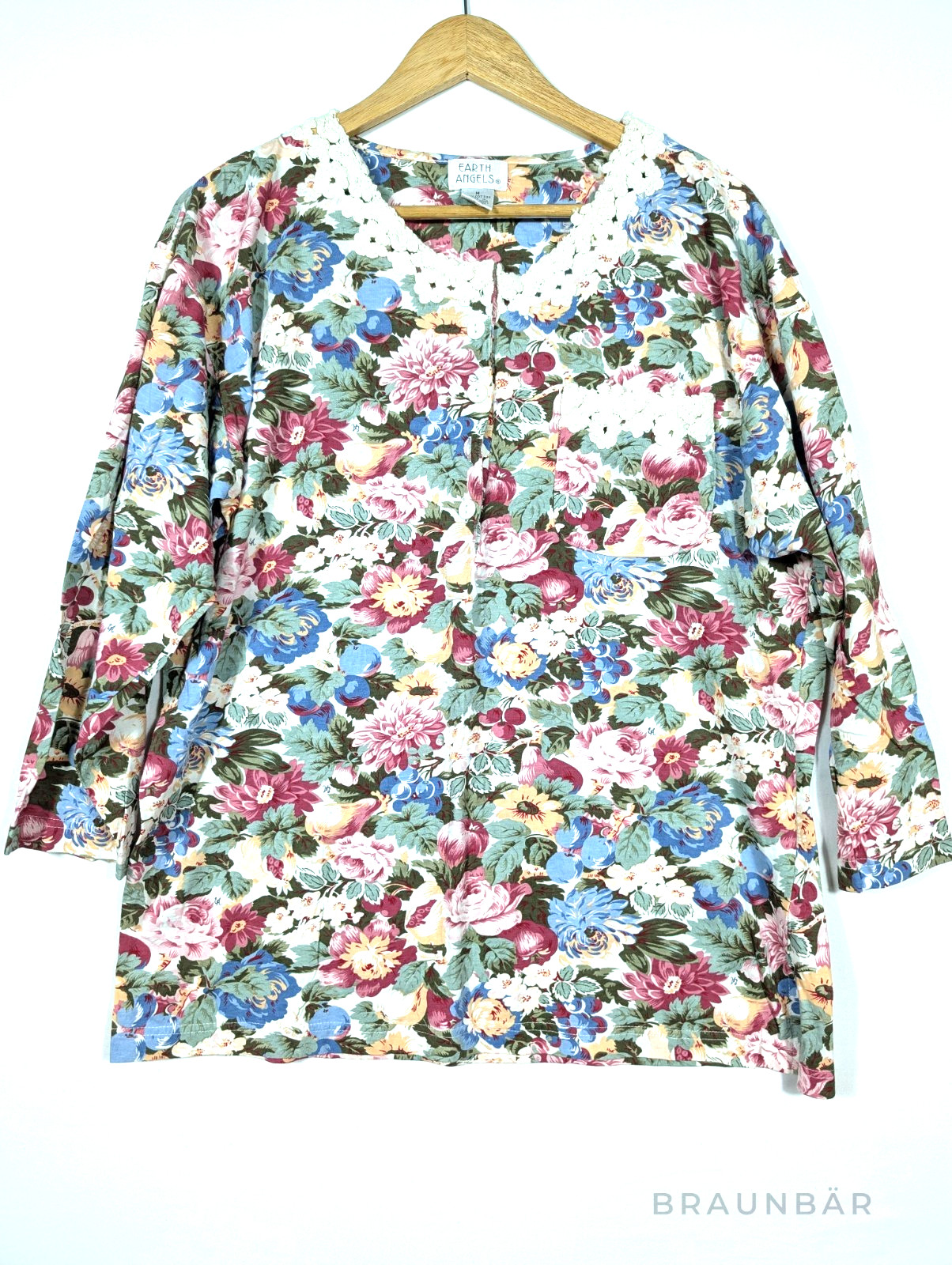 Vintage Earth Angels Floral Blouse Made In Hong Kong Cotton Lace Pocket M