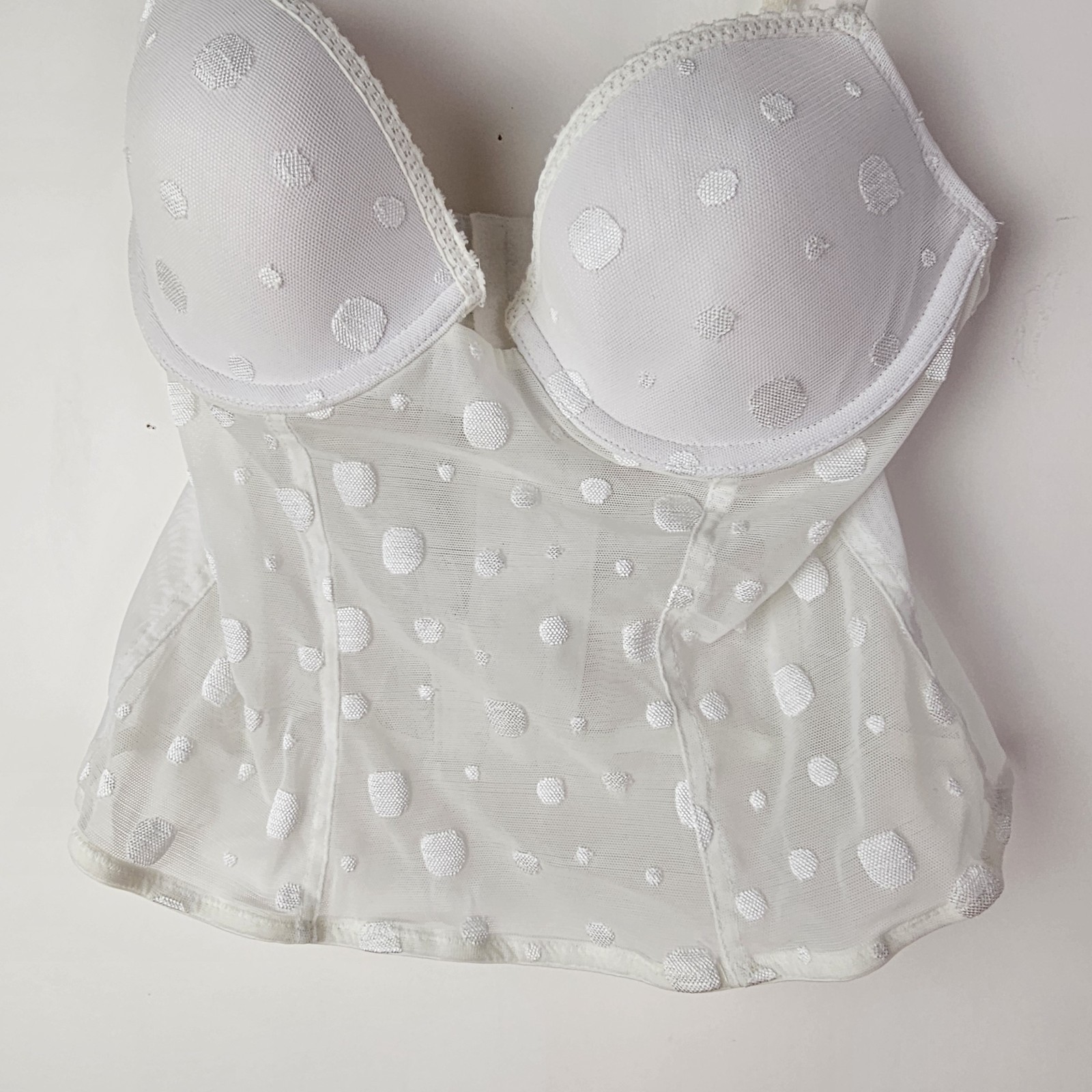Lily Of France Bustier Bra 36A White 2101960 Polka Dot Semi Sheer Sexy Romantic