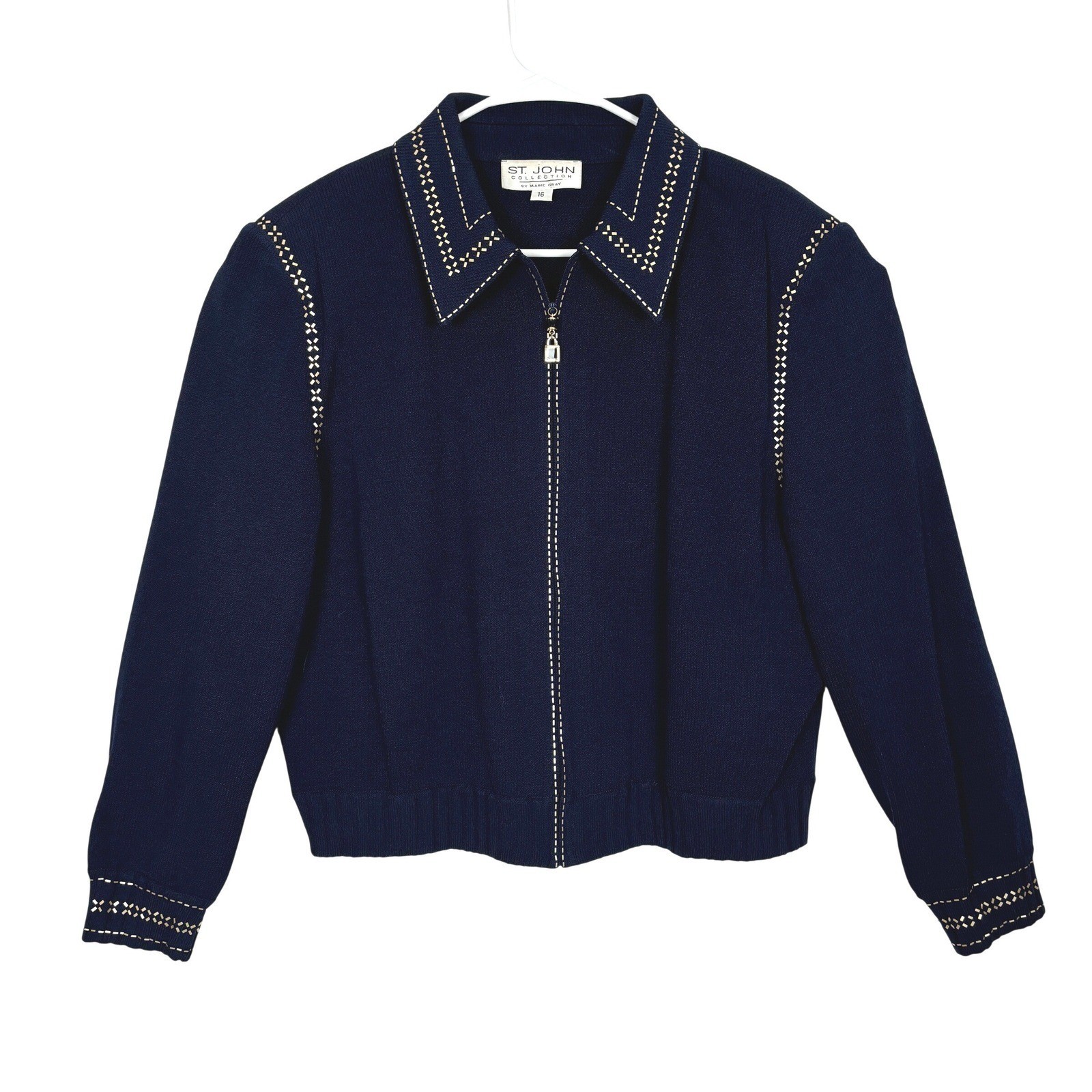 Vintage St. John Collection Knit Jacket Women 16 Navy Blue Gold Studded Zip Up