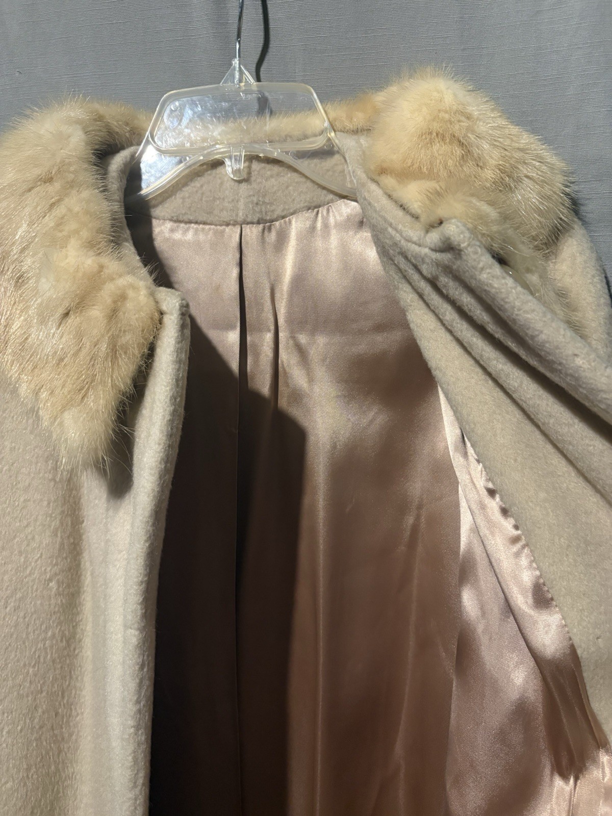 Vintage Forstmann Beige Wool Coat with Mink Fur Collar Small Some Damage!