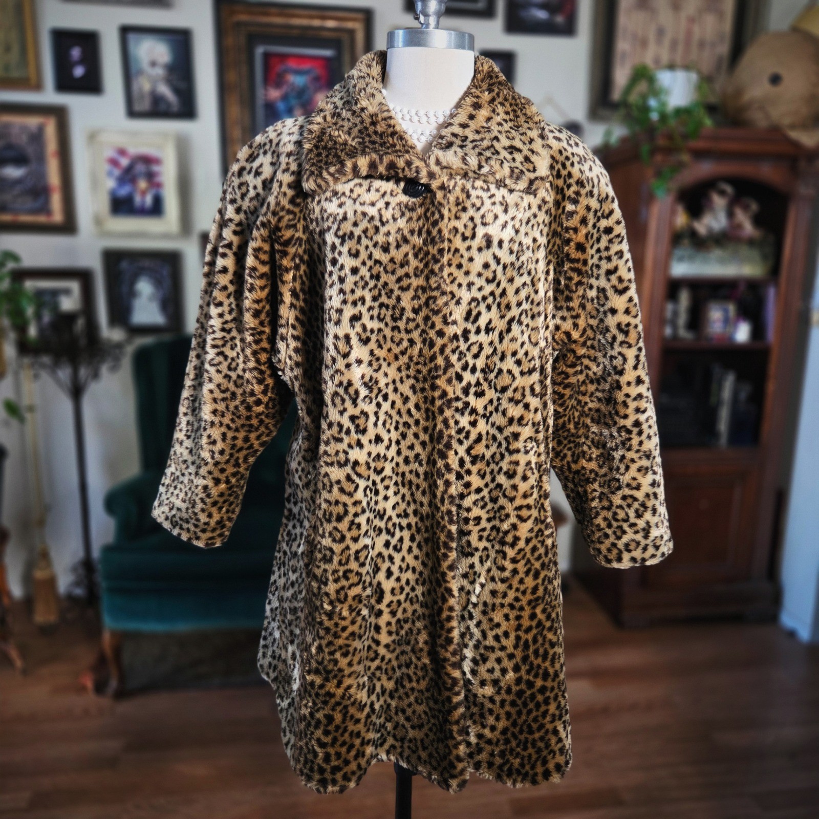 Donnybrook Faux Fur Leopard Coat Vintage 90s Animal Print Jacket XS