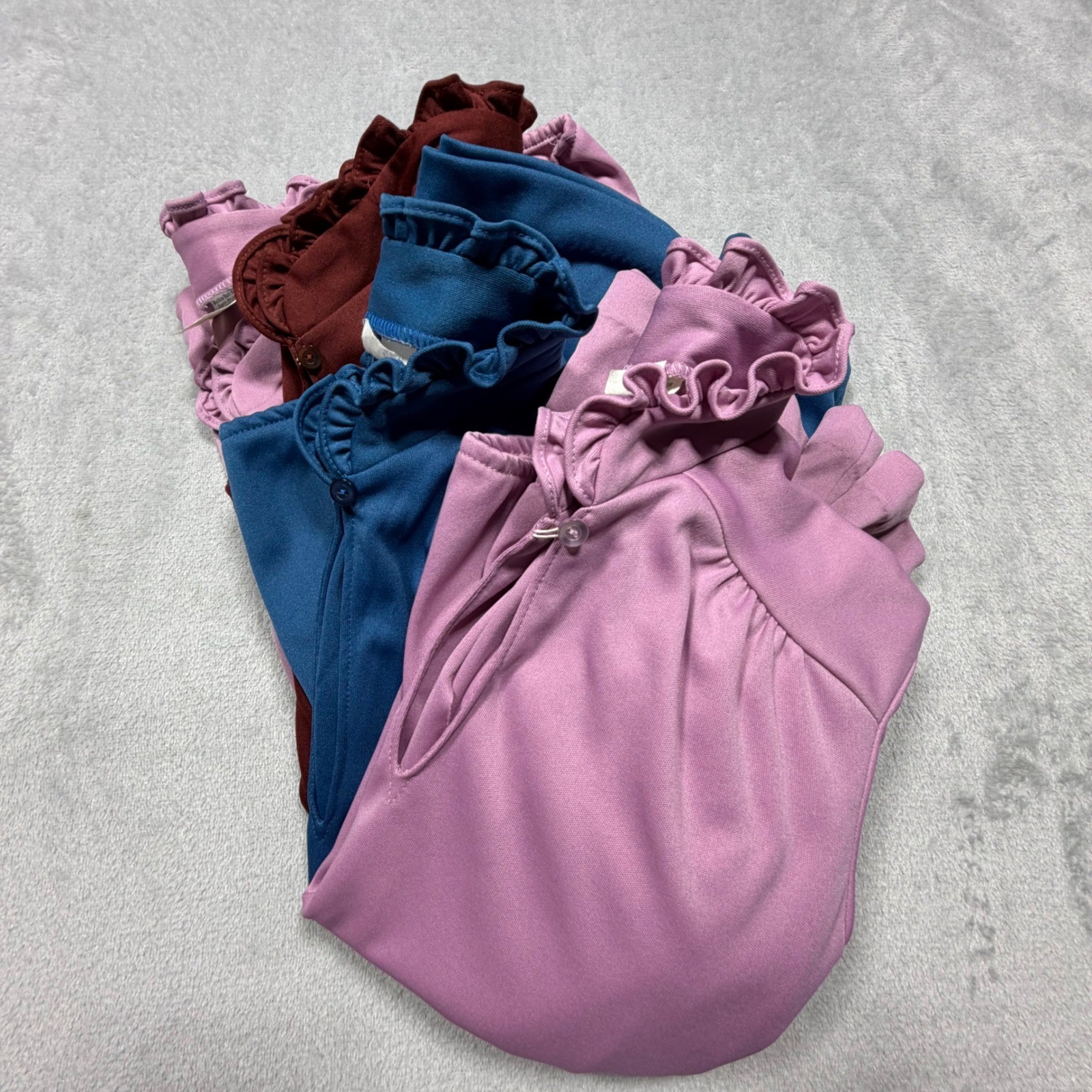 Vintage 70s Ruffle Neck Blouse Bundle L Large Mauve Teal Burgundy Lavender Tops