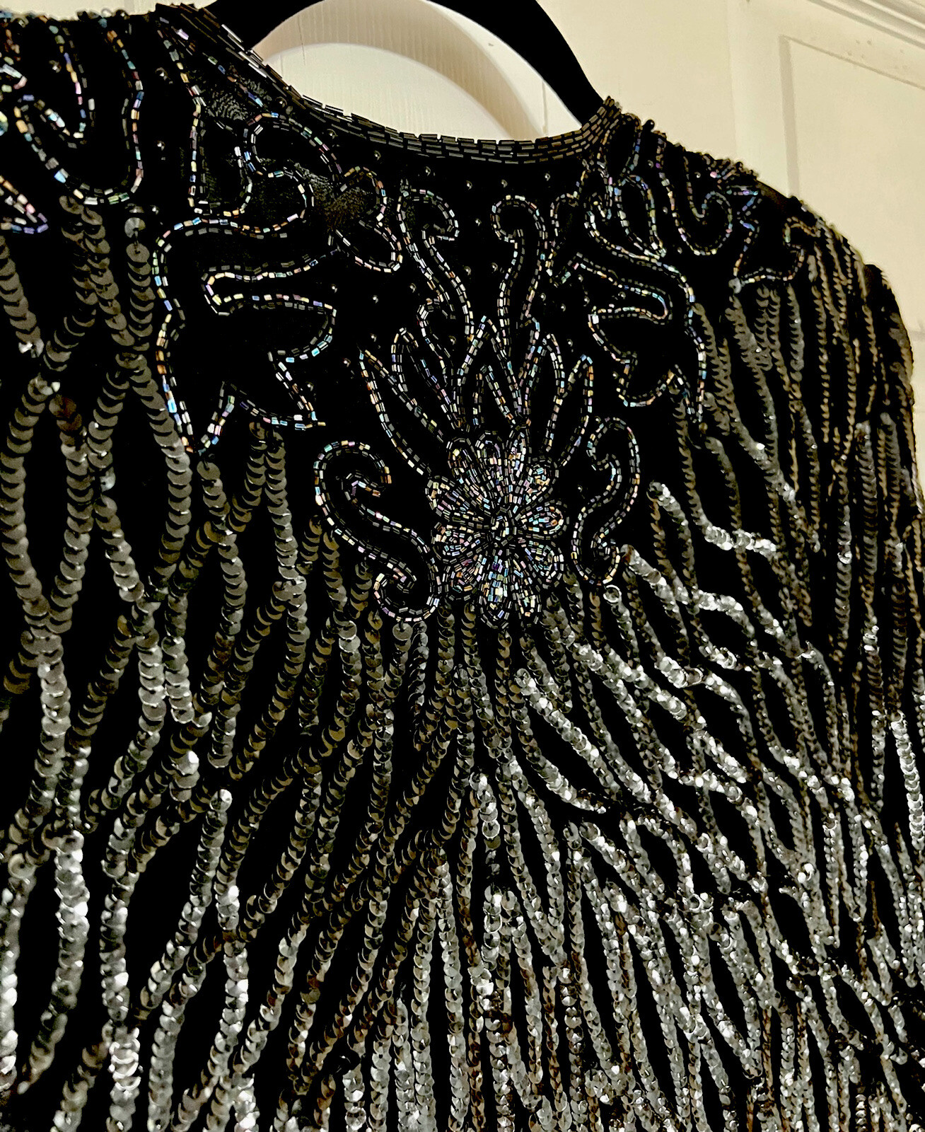 Vintage Carina Size L Jacket 100% Silk Black Sequin & Iridescent Seed Bead
