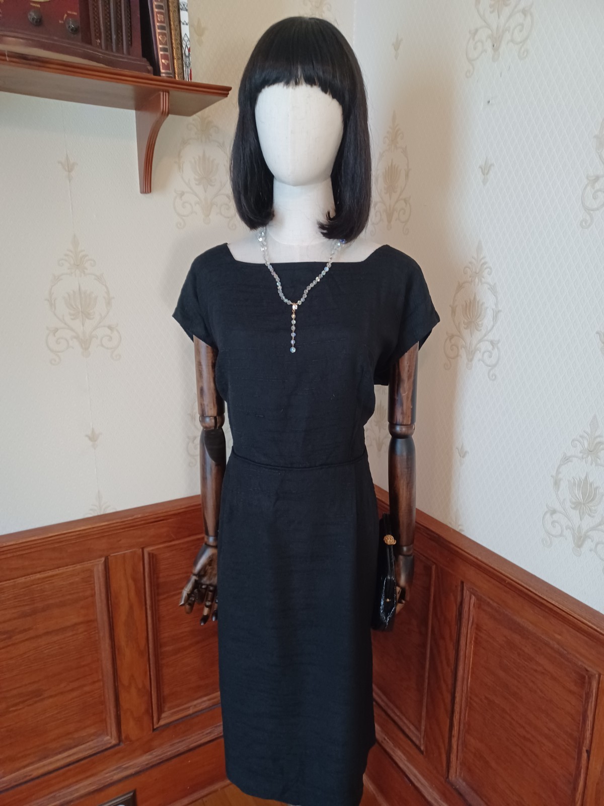 Vintage Mid-century Slubbed Black Cotton Little Black Cocktail Dress, size XL