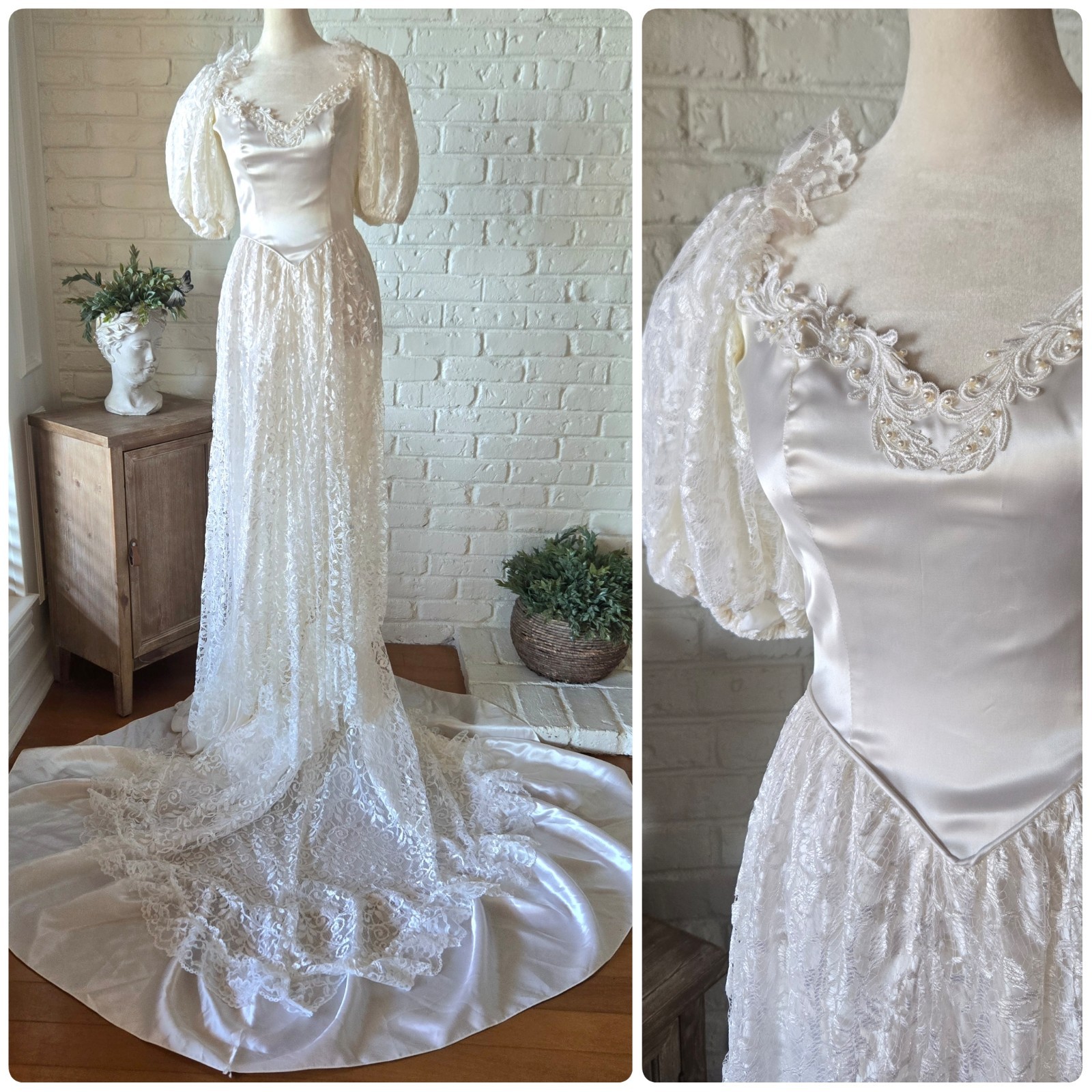 Vtg 80s Romantic Princess Diana Theme Wedding Gown, 4/S, Satin & Lace, Bustle
