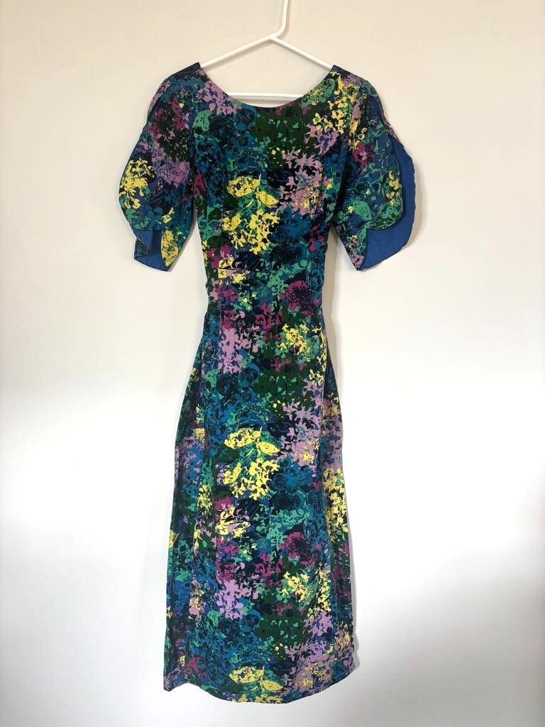 Vintage JA-NA Hawaiian Maxi Dress Size 10 Abstract Floral Multi Color Barkcloth