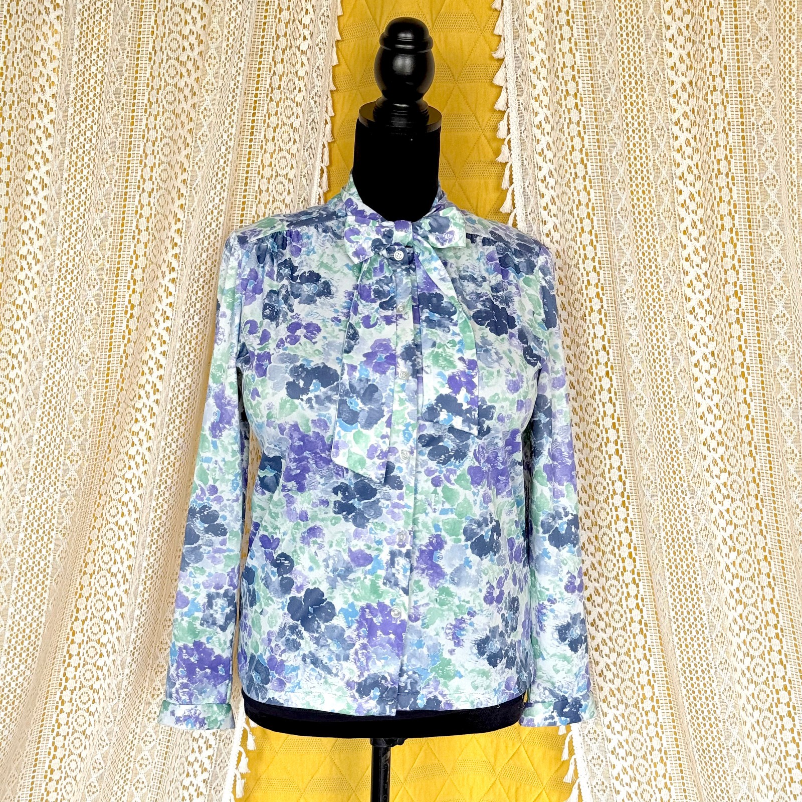 Vintage Secretary Necktie Purple Floral Blouse Size L