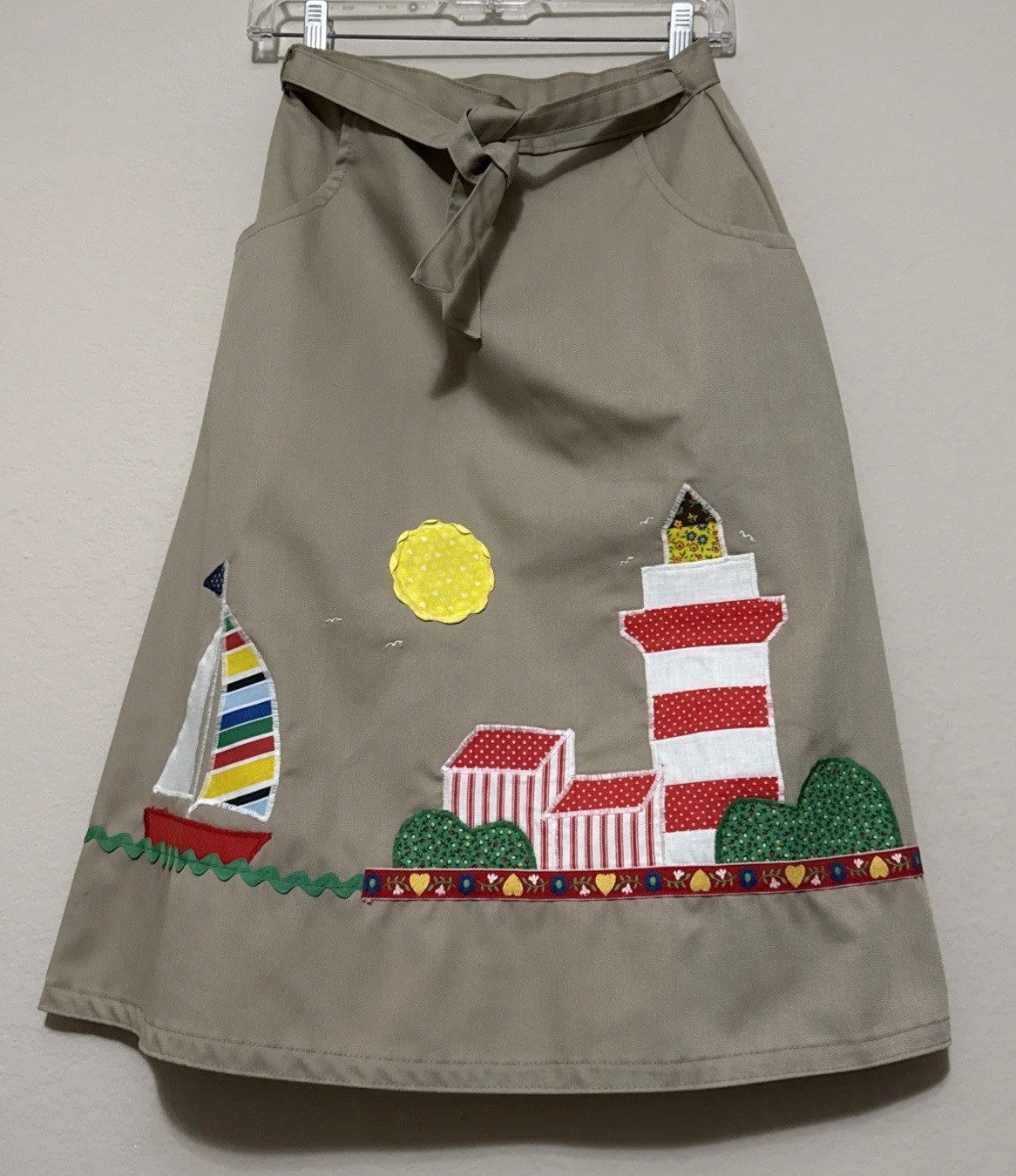 VTG Patchwork Lighthouse Skirt Khaki Cotton Wrap Threadneedle Womens Size S USA