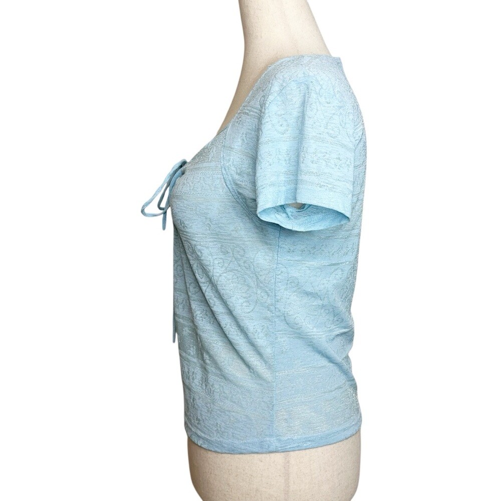 Vintage Y2K Baby Blue Metallic Tie Neckline Top Size Medium