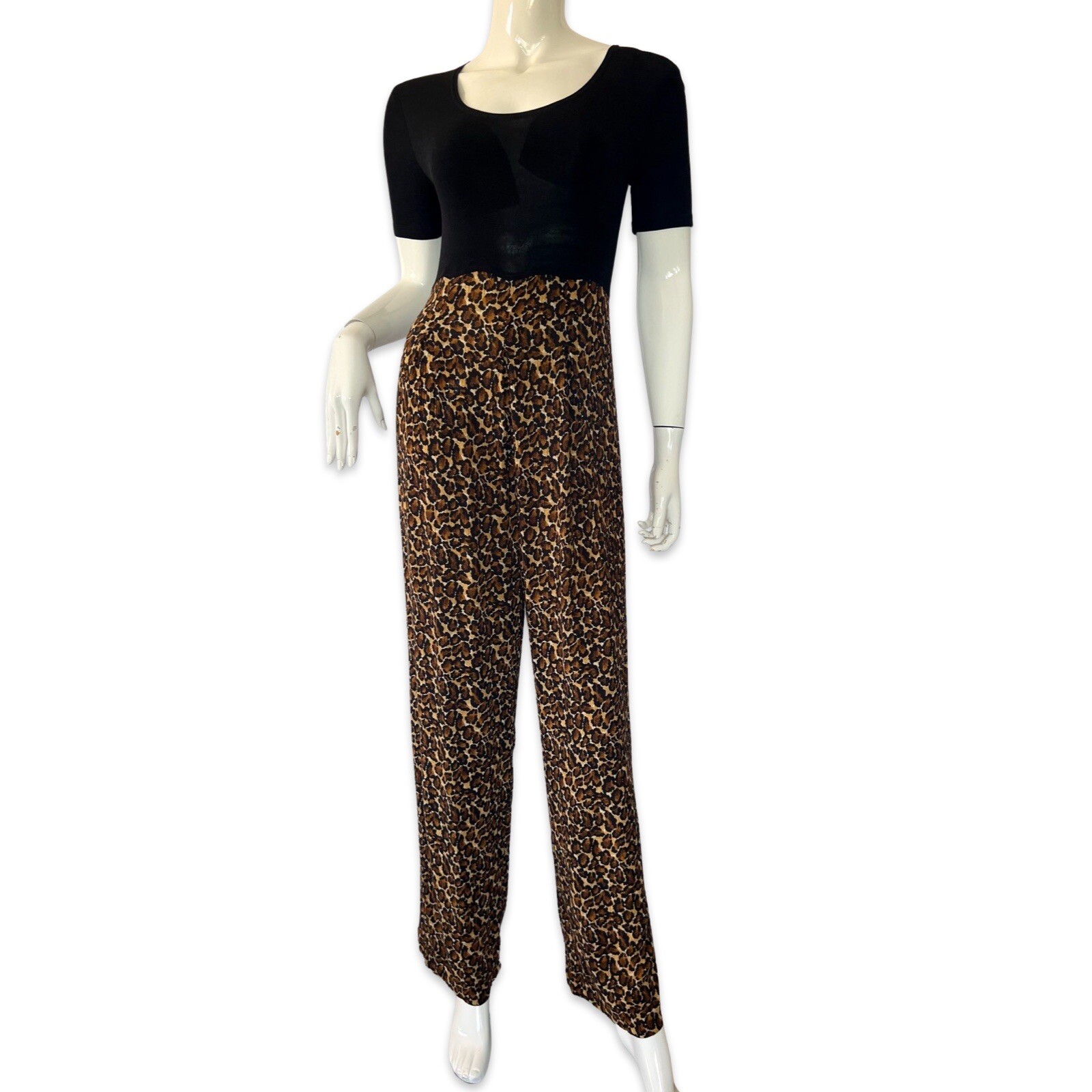 Vintage 80s Ellen Ashley Leopard Print Jumpsuit Wide Leg Disco USA Womens M