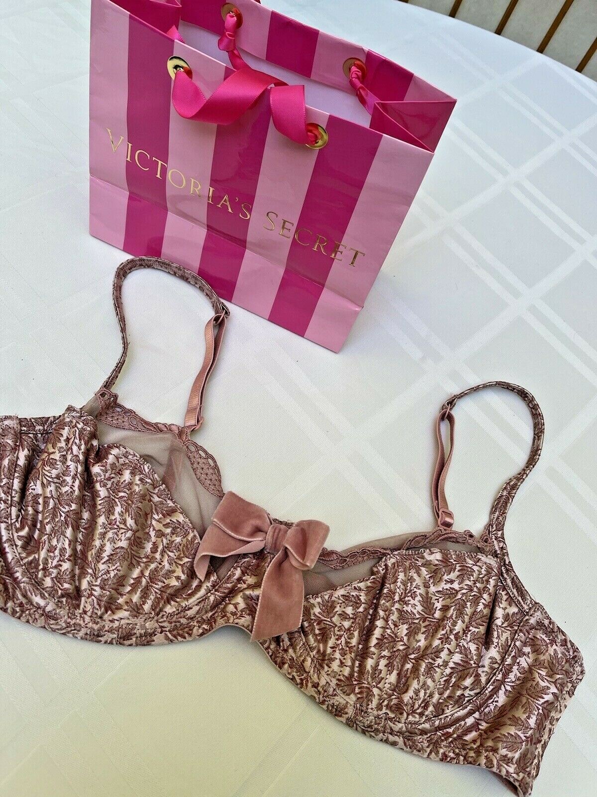 Vtg Victorias Secret Bra Satin Pink Brocade Textured Leaf Y2K + Free Panty M 36C
