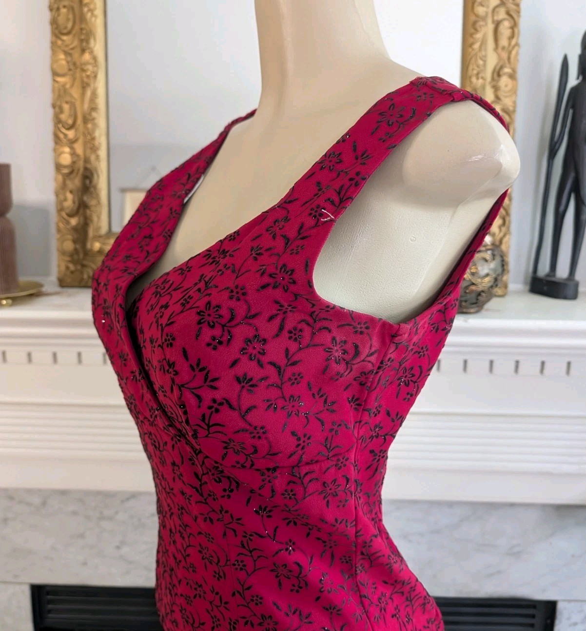 Vintage 80s Red Black Faux Wrap Mini Dress Size S Floral Flocked Silver Glitter