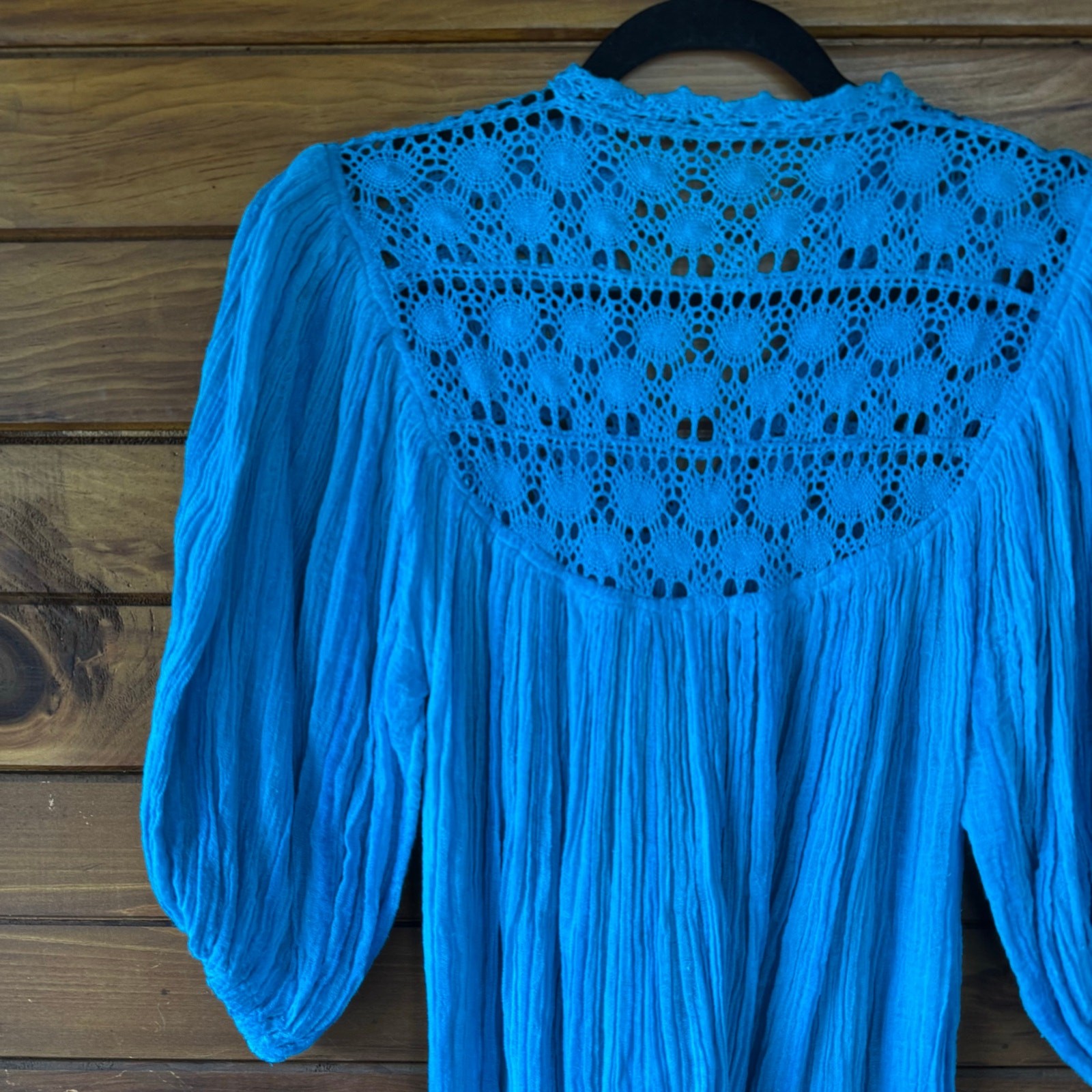 VTG 1970s Oaxaca Boho Hippie Turquoise Blue Cotton Gauze Flowy Dress Size S/M