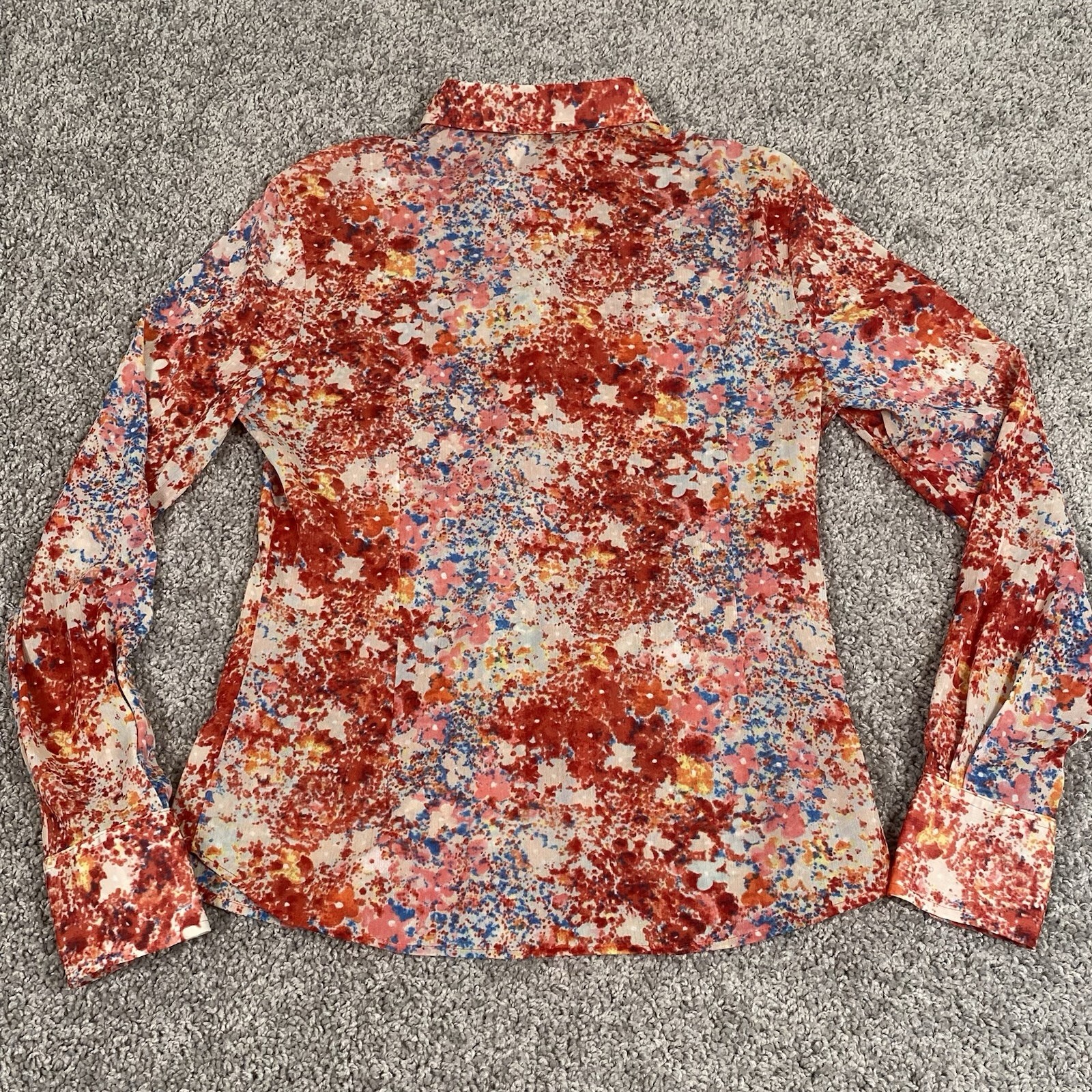 VTG 70’s Sheer Button Up Dagger Collar Shirt Red Disco Floral Secretary Size S/M