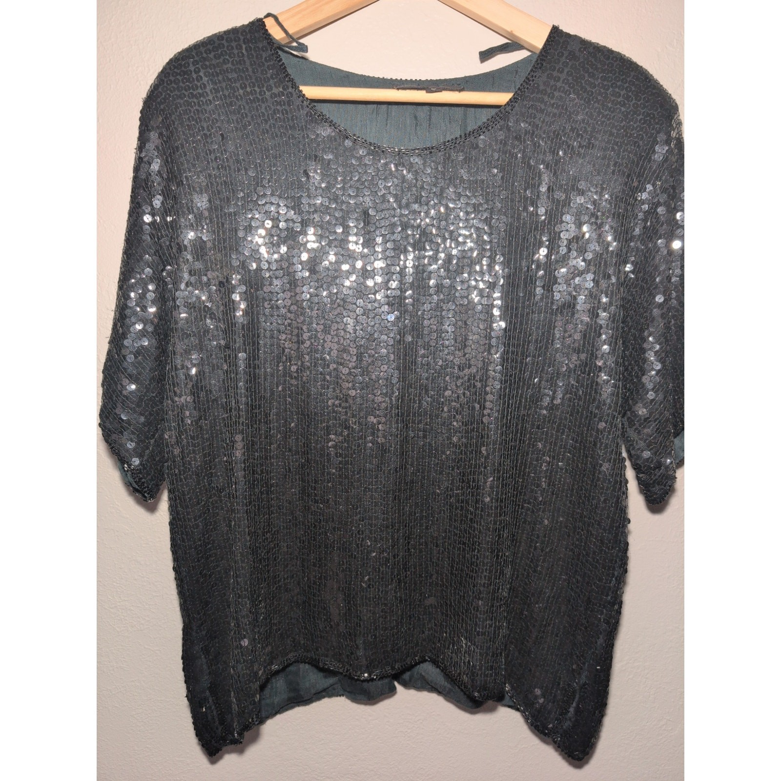 Royal Feelings Silk Sequin Black Party Rave Sparkle Cocktail Top Women L Vintage