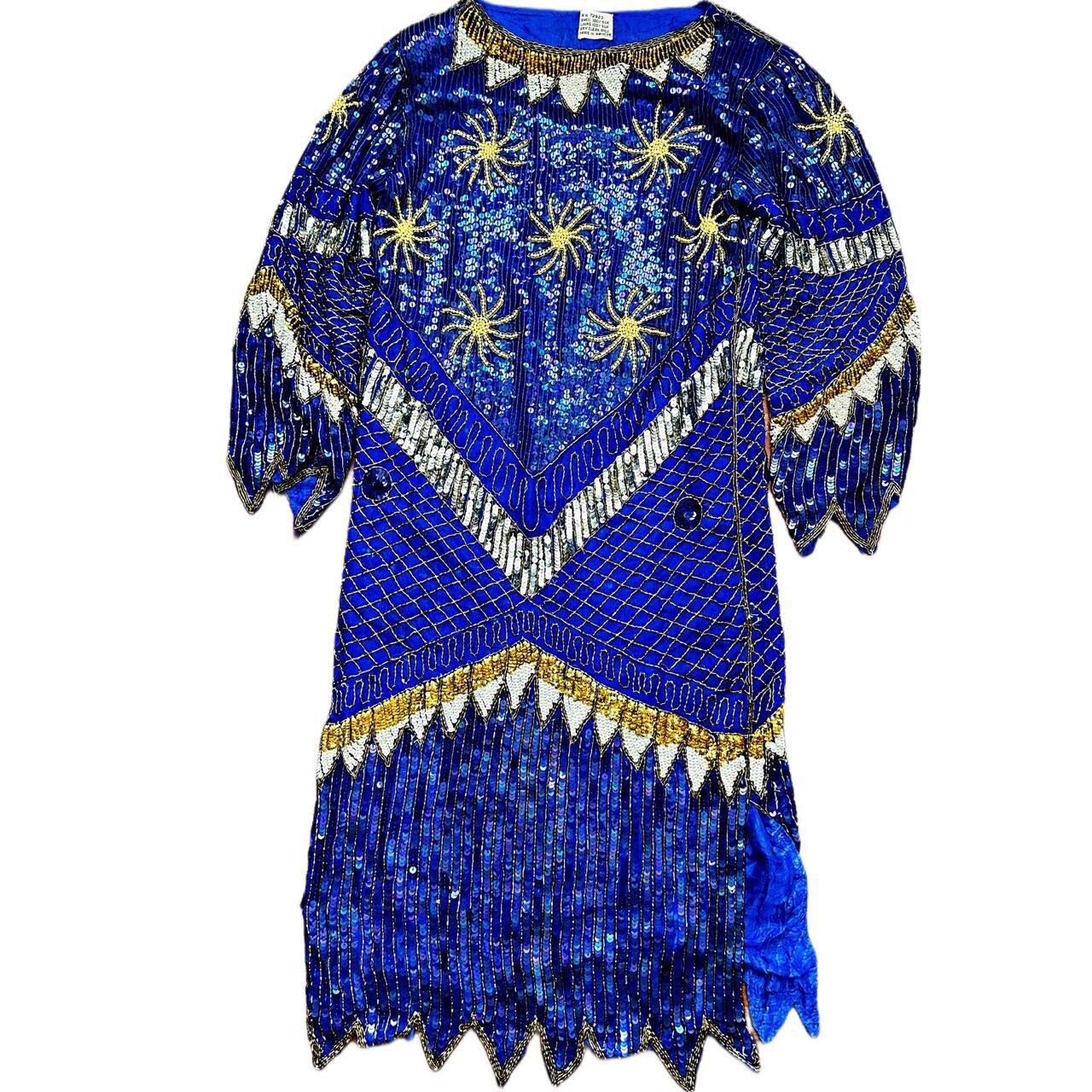 Stunning Vintage SILK INDIA Full Sequin Sapphire Blue Beaded Cocktail Dress M