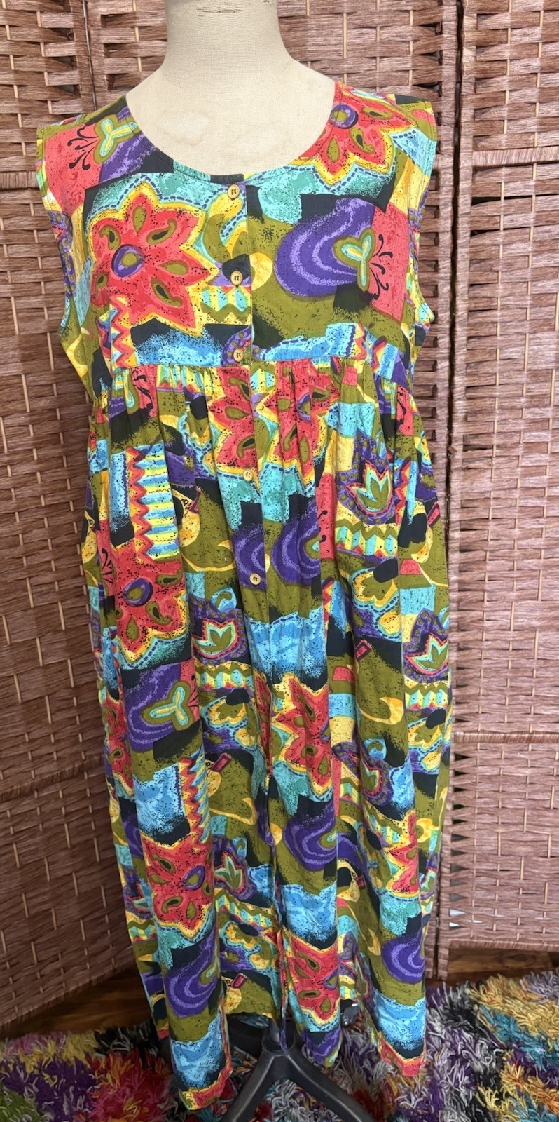 Vintage Sita Bright Floral Psychedelic Oversized Mumu House Dress Kaftan Medium