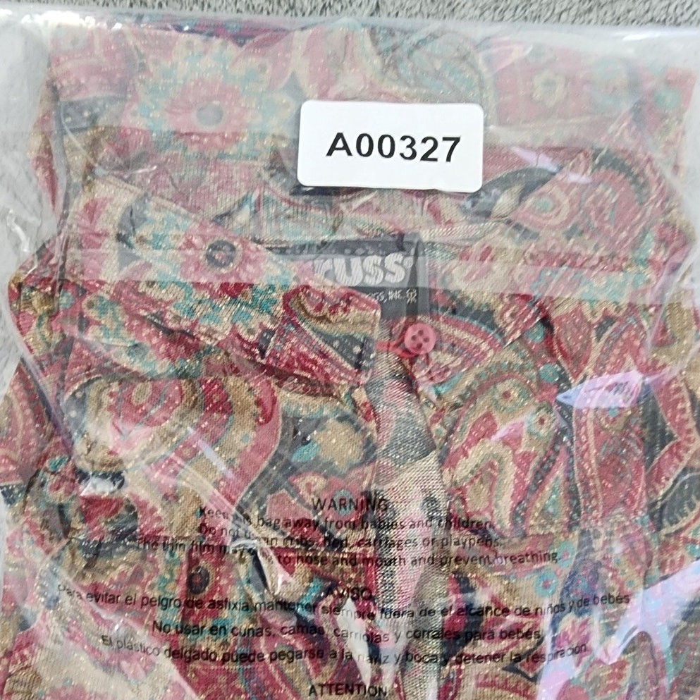 Vintage Russ Top Womens S Multicolor Shimmer Paisley Button Neck Balloon Sleeve