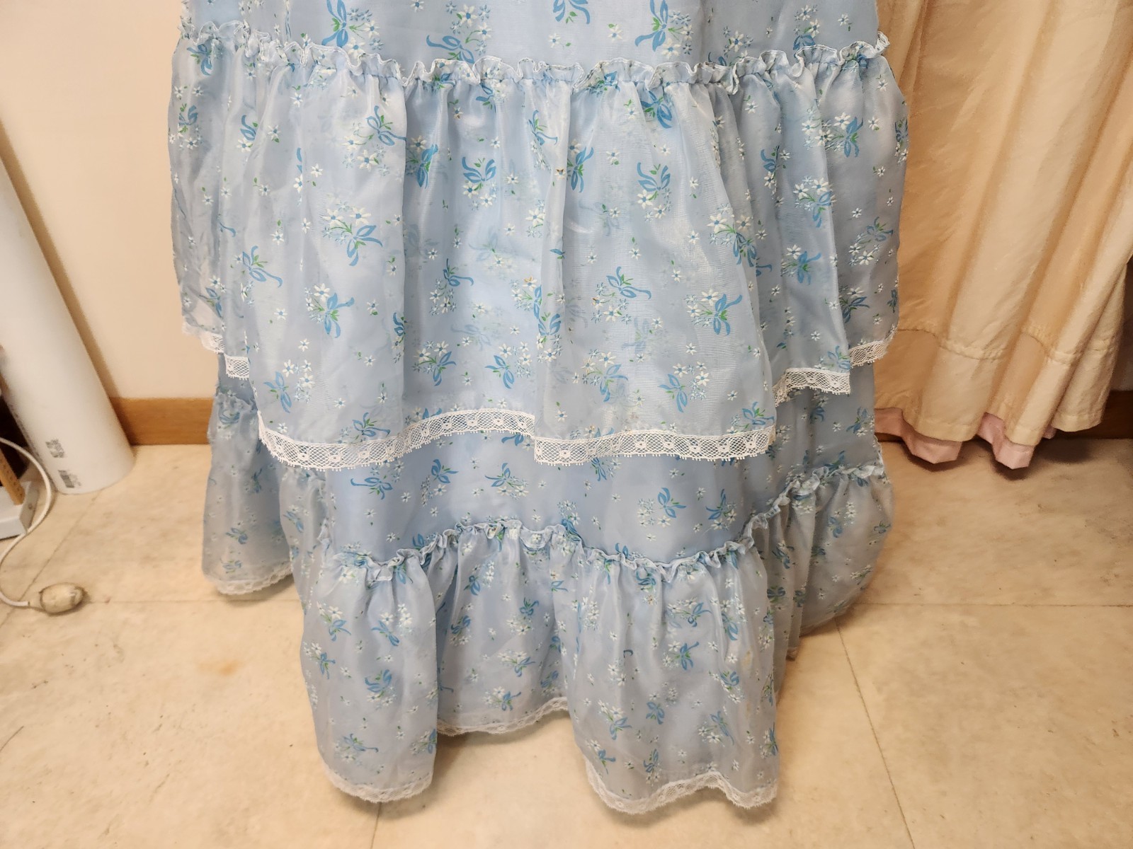 VTG ALFRED ANGELO BLUE VICTORIAN LONG BALL GOWN*FLOCKED FLORAL PRINT*sz16*VGUC